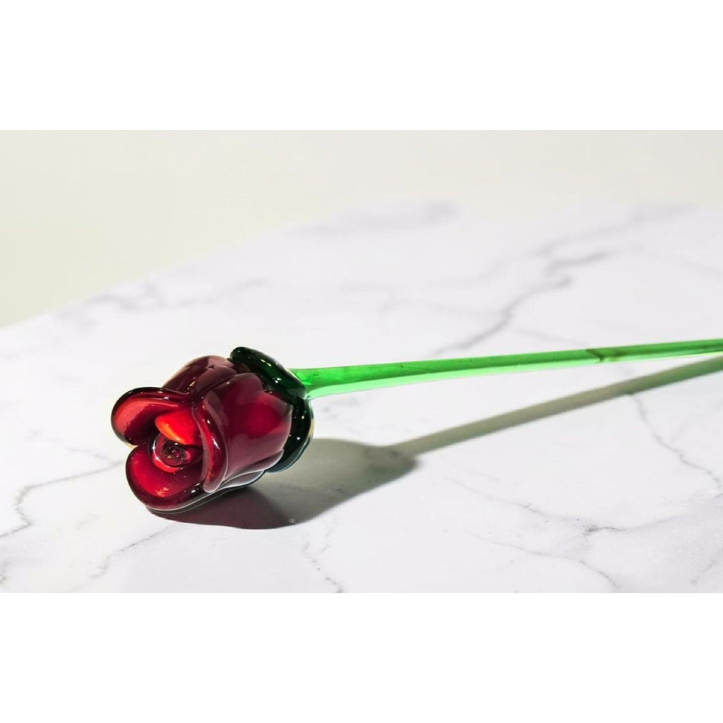 Hand-Blown Art Glass Rose Sculpture 19" Long Red Bud & Green Stem Decorative Art