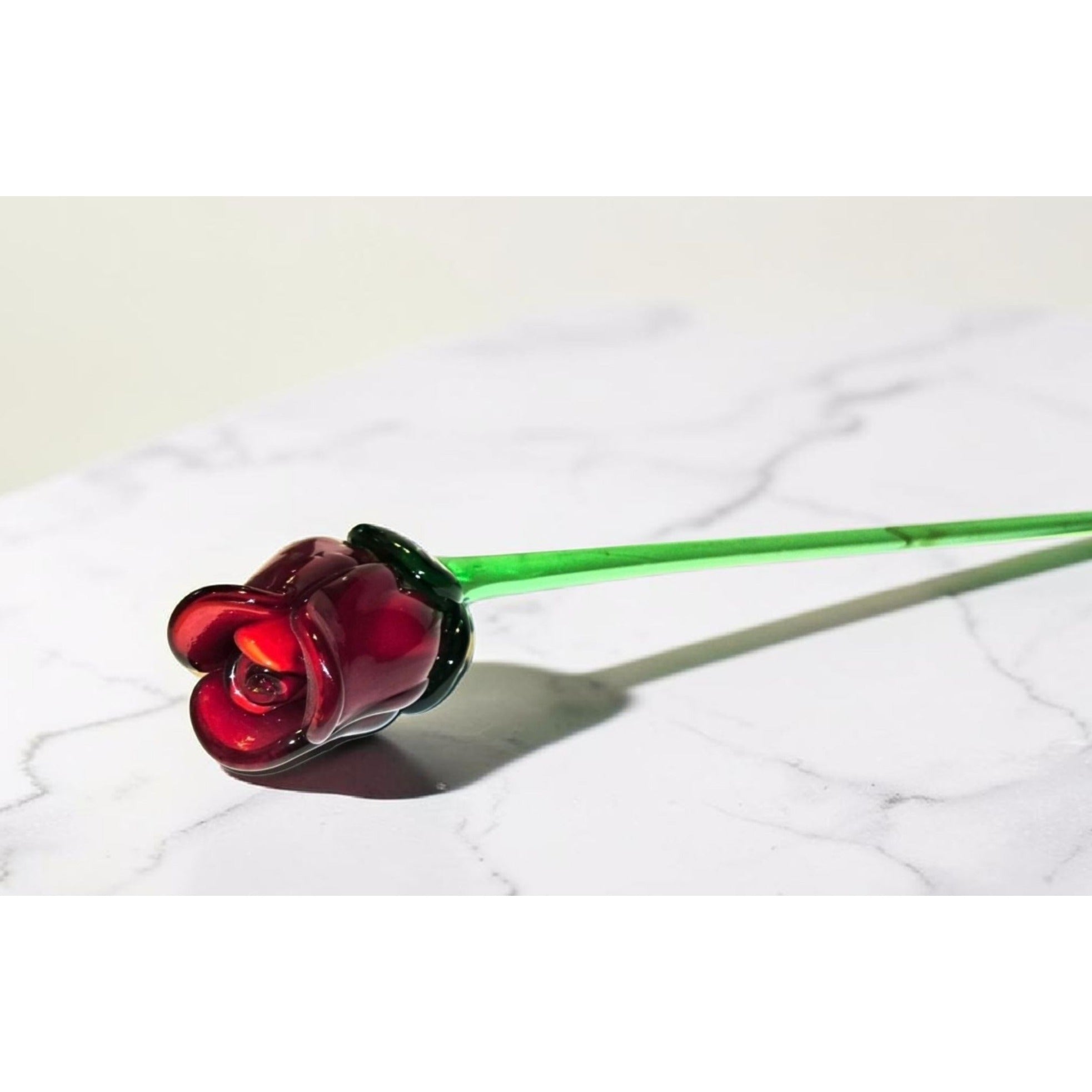 Hand-Blown Art Glass Rose Sculpture 19" Long Red Bud & Green Stem Decorative Art