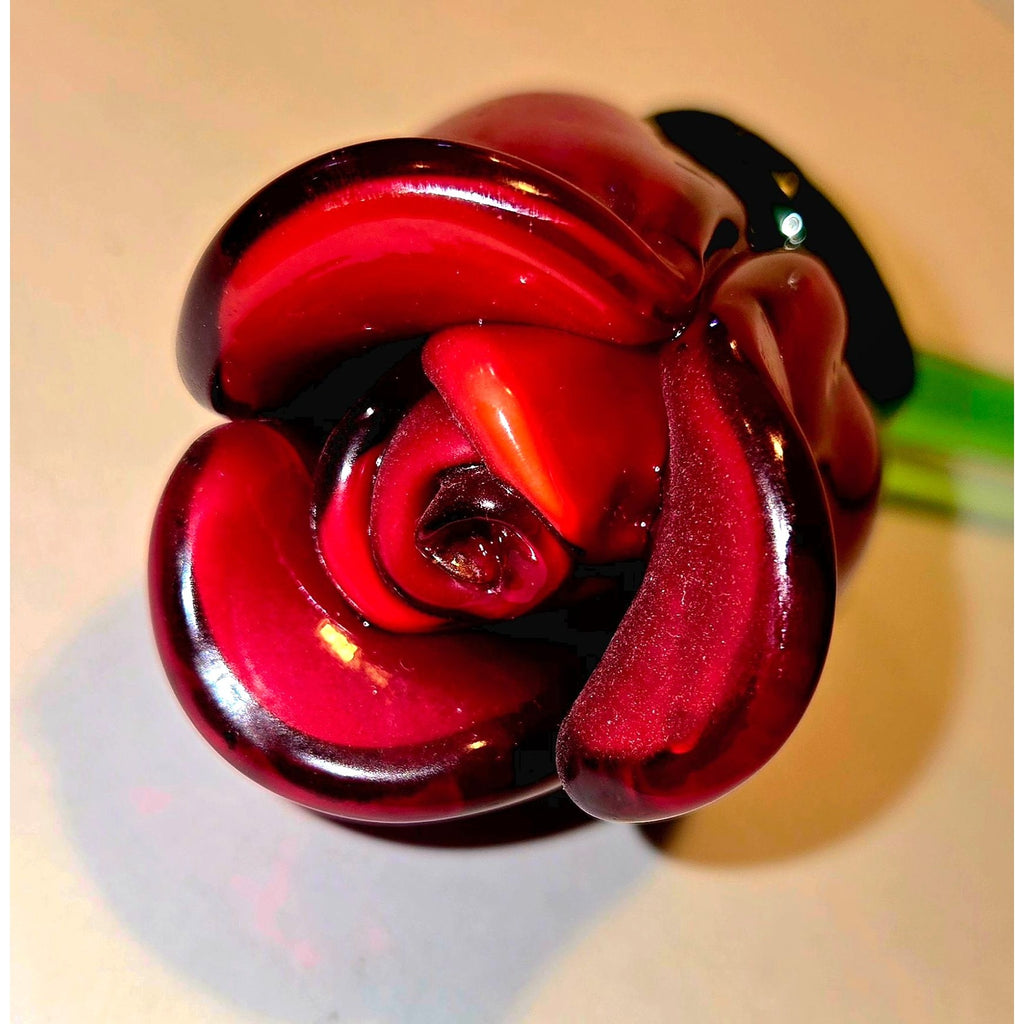 Hand-Blown Art Glass Rose Sculpture 19" Long Red Bud & Green Stem Decorative Art