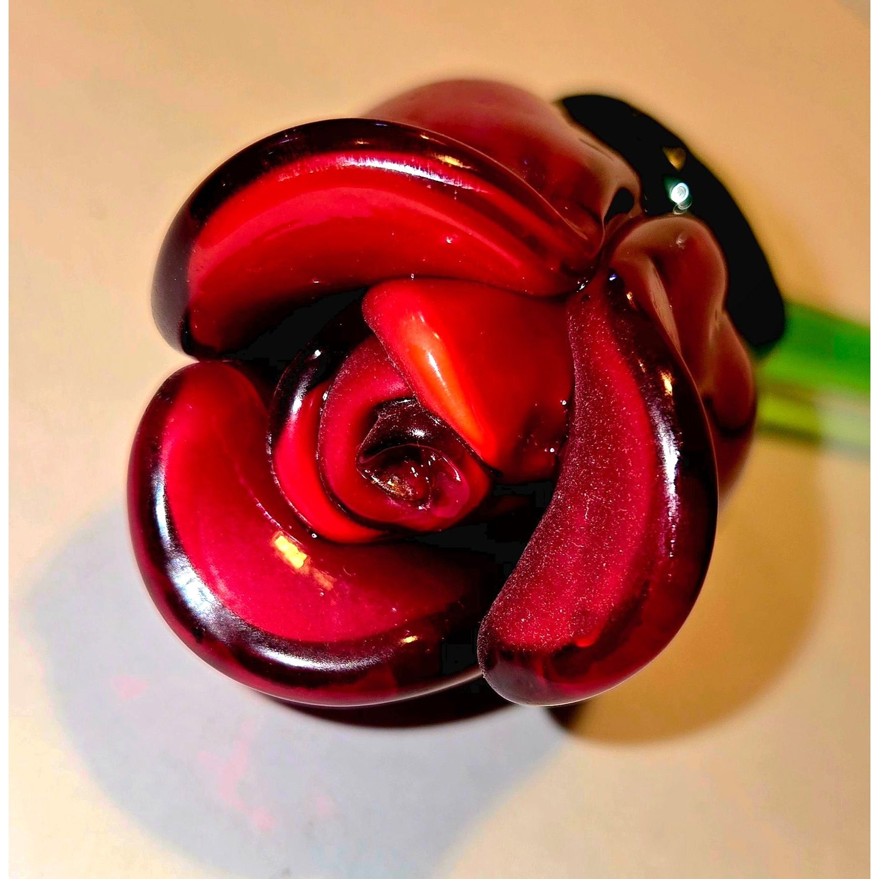 Hand-Blown Art Glass Rose Sculpture 19" Long Red Bud & Green Stem Decorative Art
