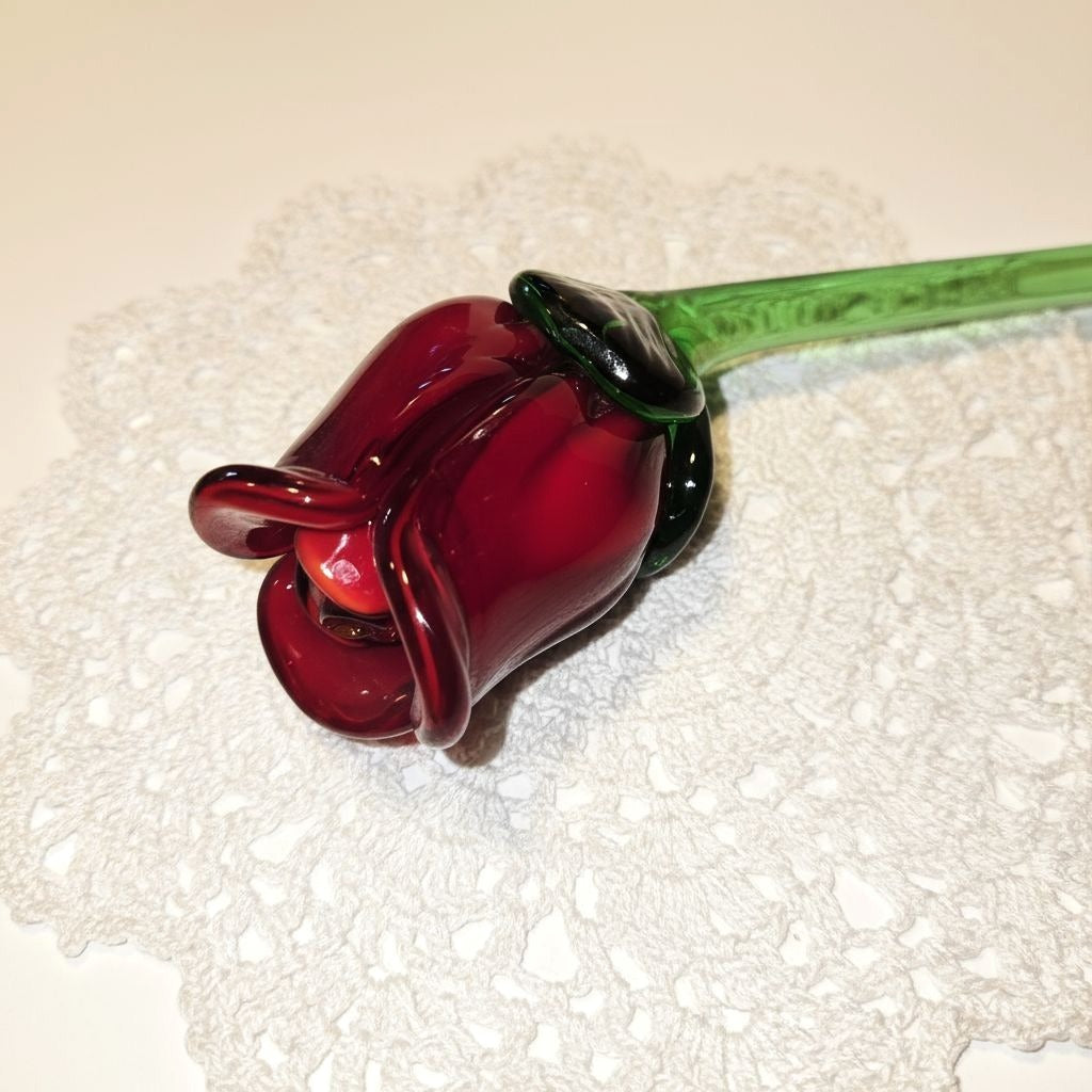 Hand-Blown Art Glass Rose Sculpture 19" Long Red Bud & Green Stem Decorative Art