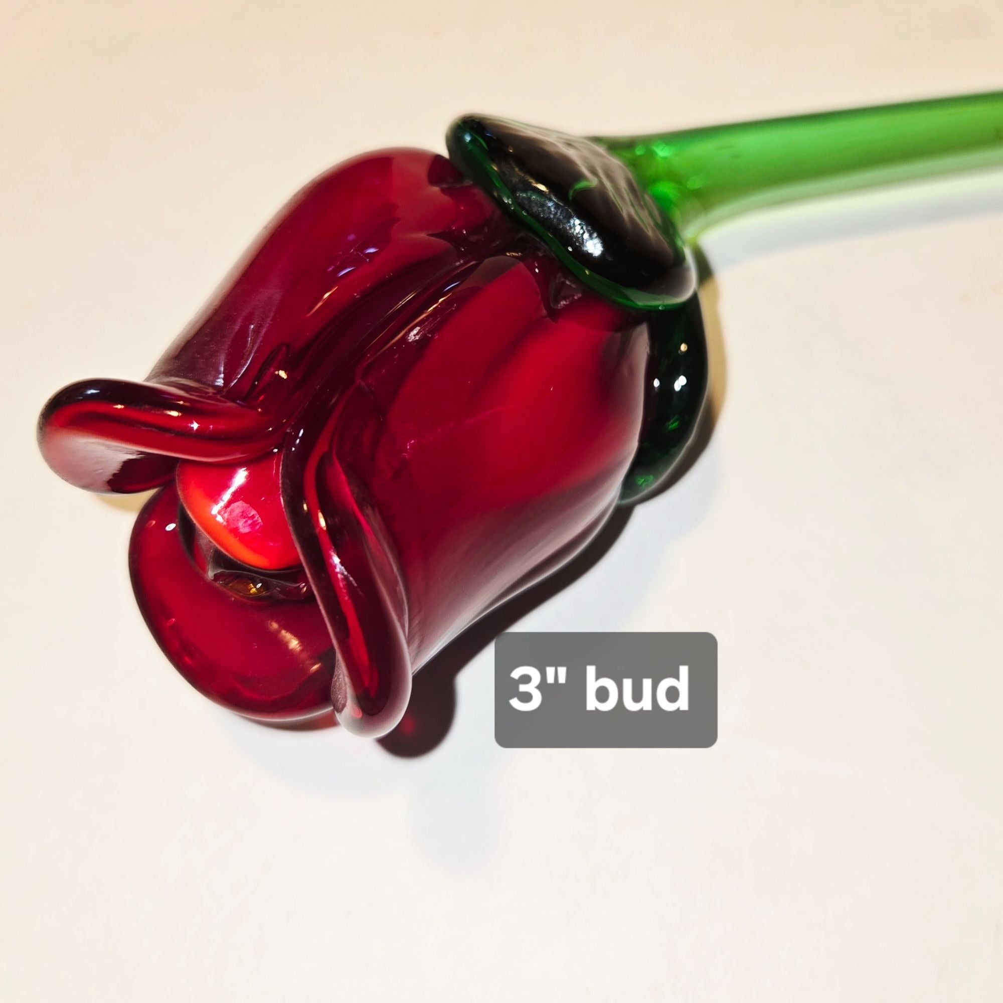 Hand-Blown Art Glass Rose Sculpture 19" Long Red Bud & Green Stem Decorative Art