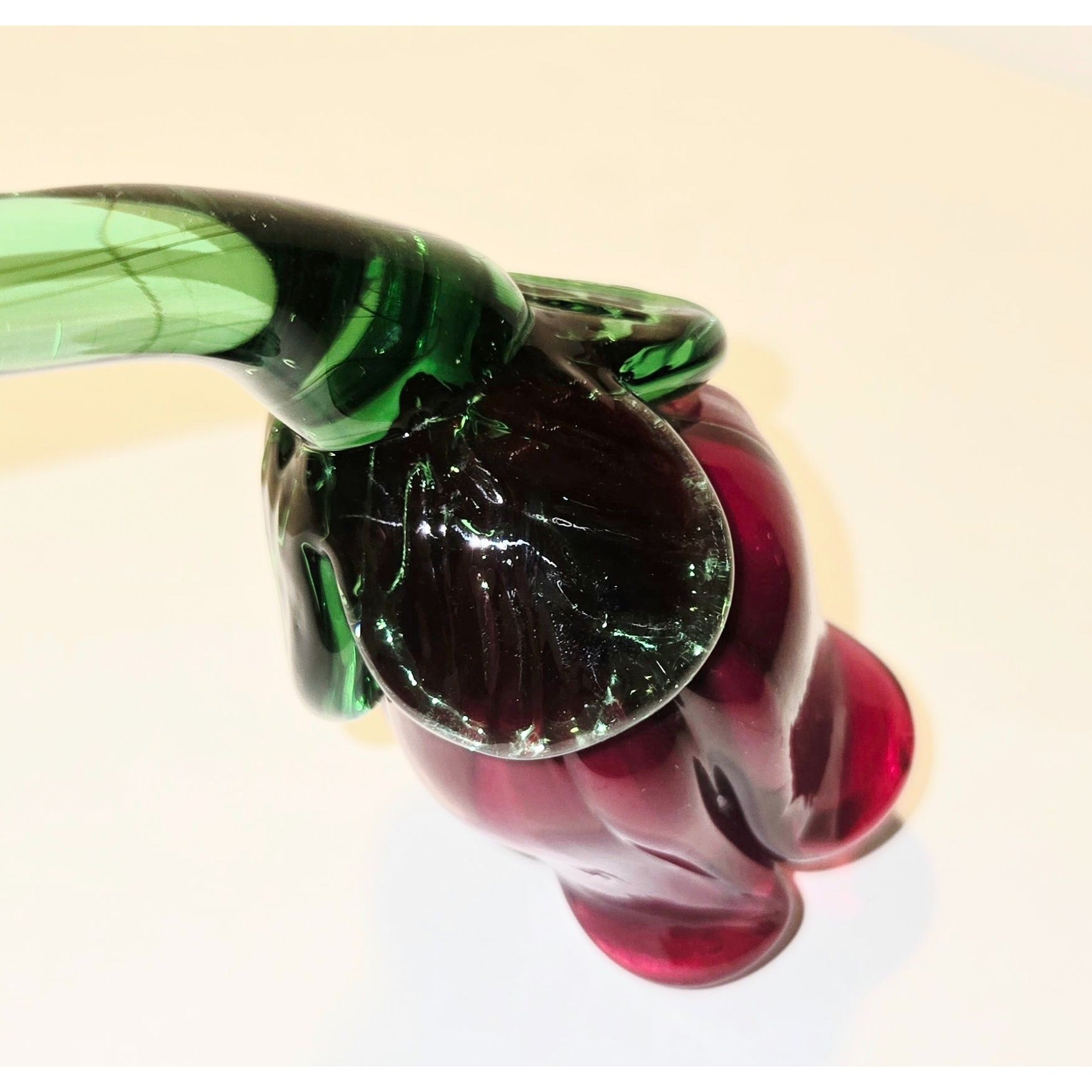 Hand-Blown Art Glass Rose Sculpture 19" Long Red Bud & Green Stem Decorative Art