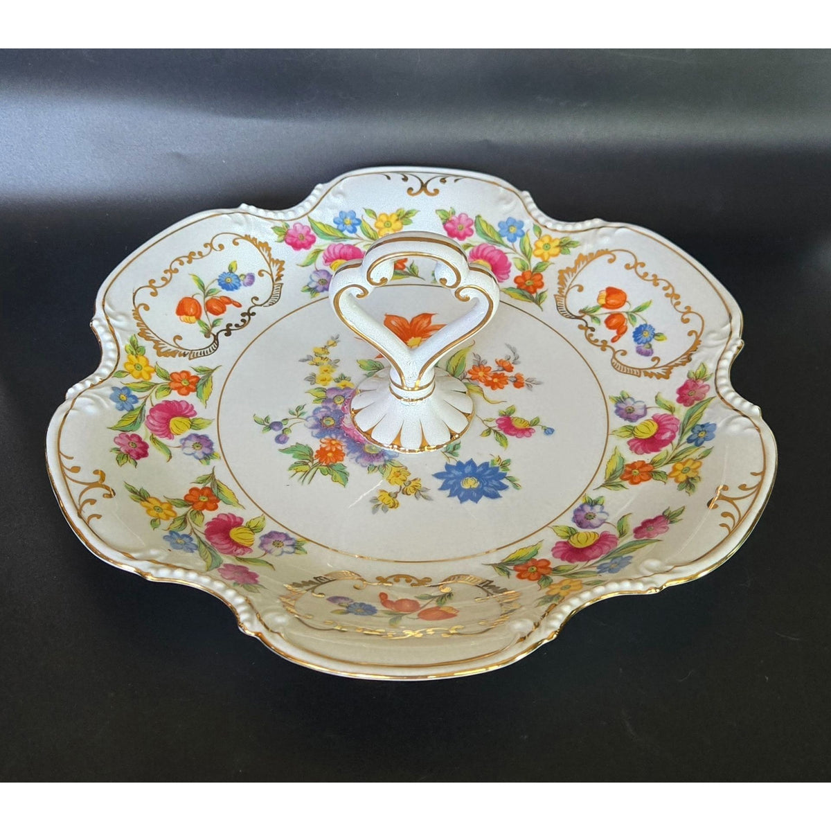 Noritake Dresdena Serving Tray Fine Porcelain Handled Serving Dish Scalloped Floral & Gold