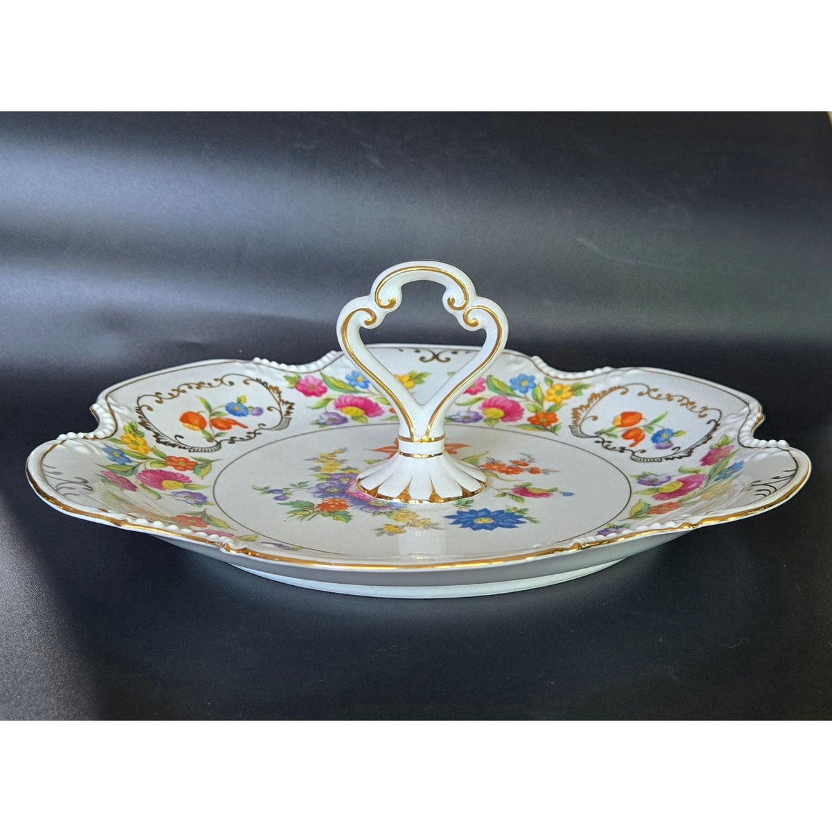 Noritake Dresdena Serving Tray Fine Porcelain Handled Serving Dish Scalloped Floral & Gold