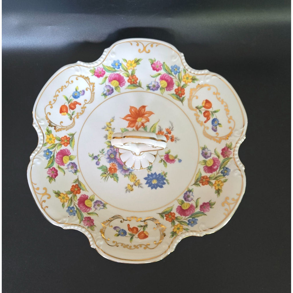 Noritake Dresdena Serving Tray Fine Porcelain Handled Serving Dish Scalloped Floral & Gold