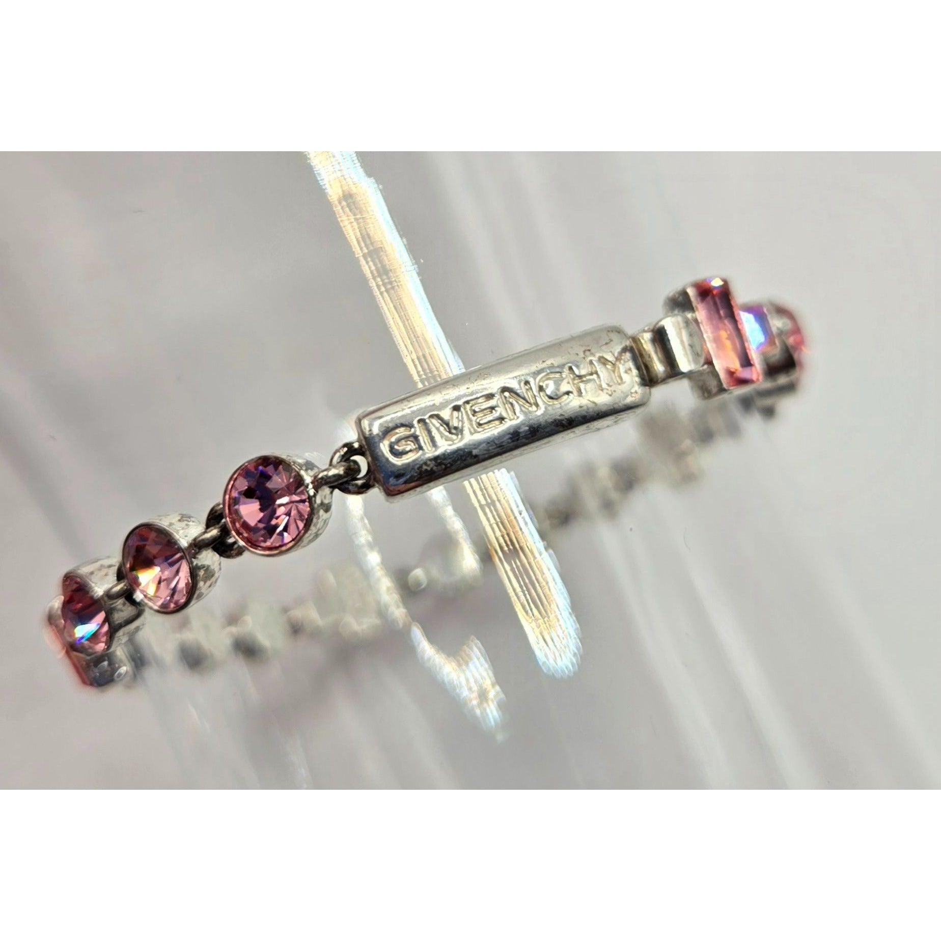 Givenchy Pink Crystal Bracelet Silver-Tone Elegant Design Womens Jewelry Vintage Look Secure Clasp Authentic