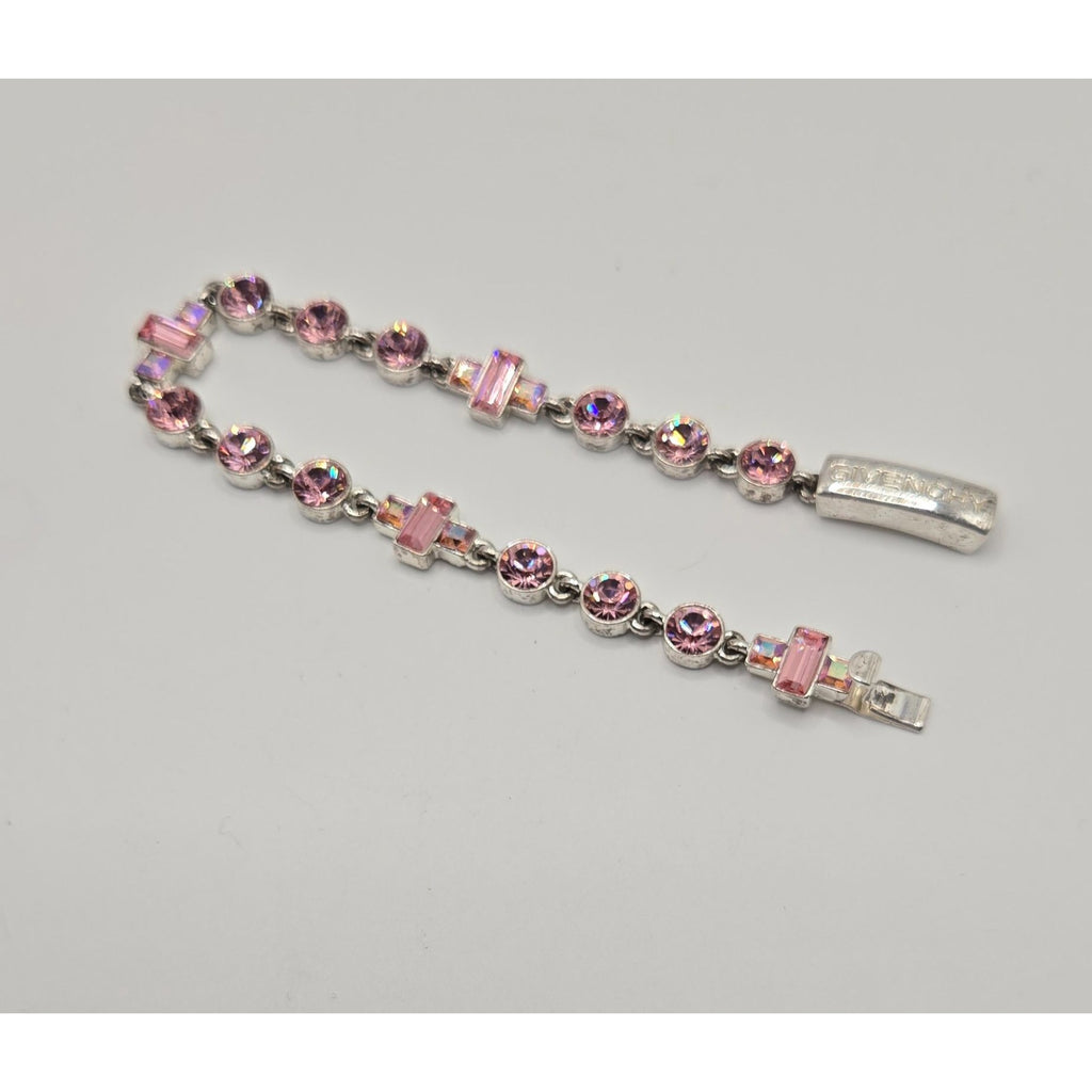 Givenchy Pink Crystal Bracelet Silver-Tone Elegant Design Womens Jewelry Vintage Look Secure Clasp Authentic