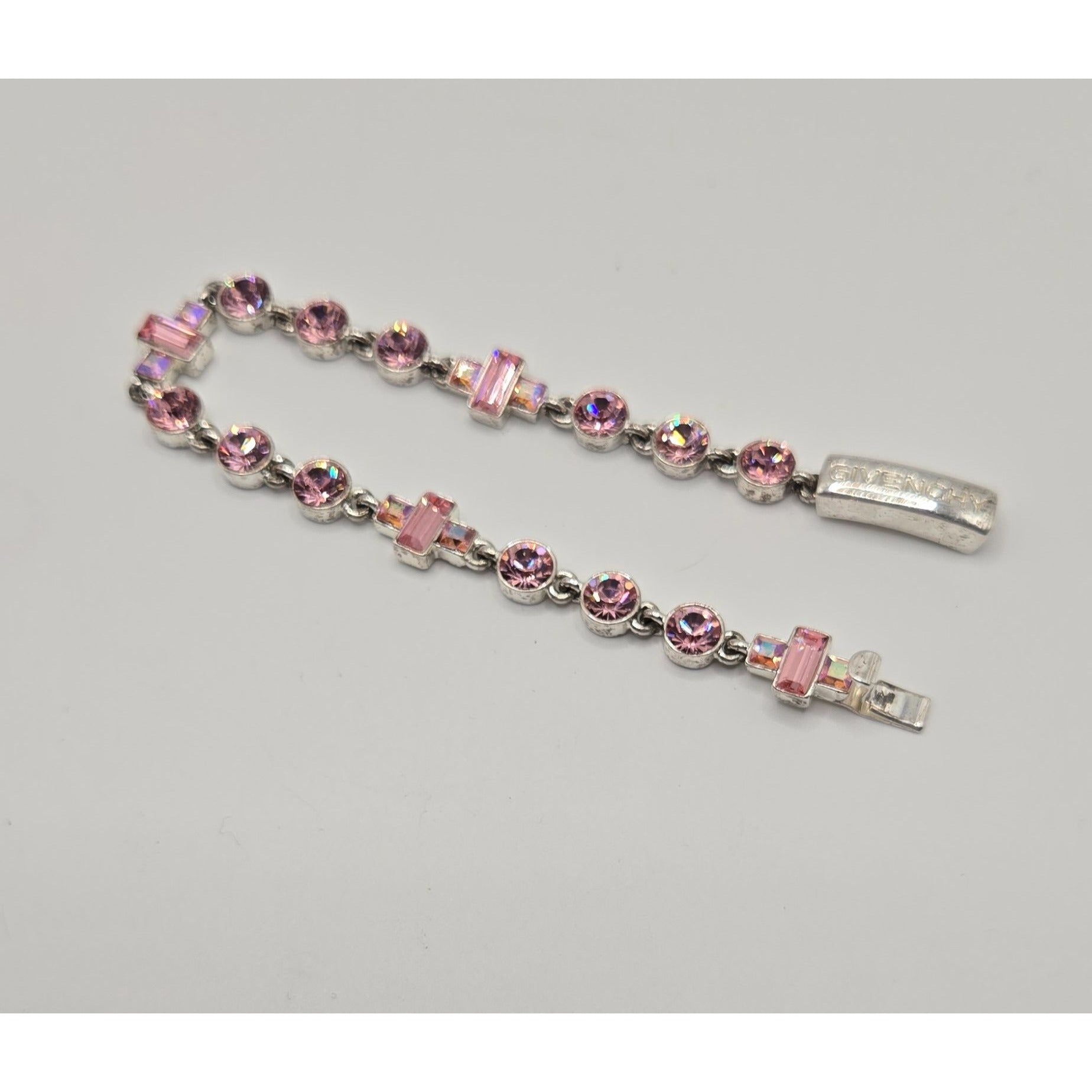 Givenchy Pink Crystal Bracelet Silver-Tone Elegant Design Womens Jewelry Vintage Look Secure Clasp Authentic