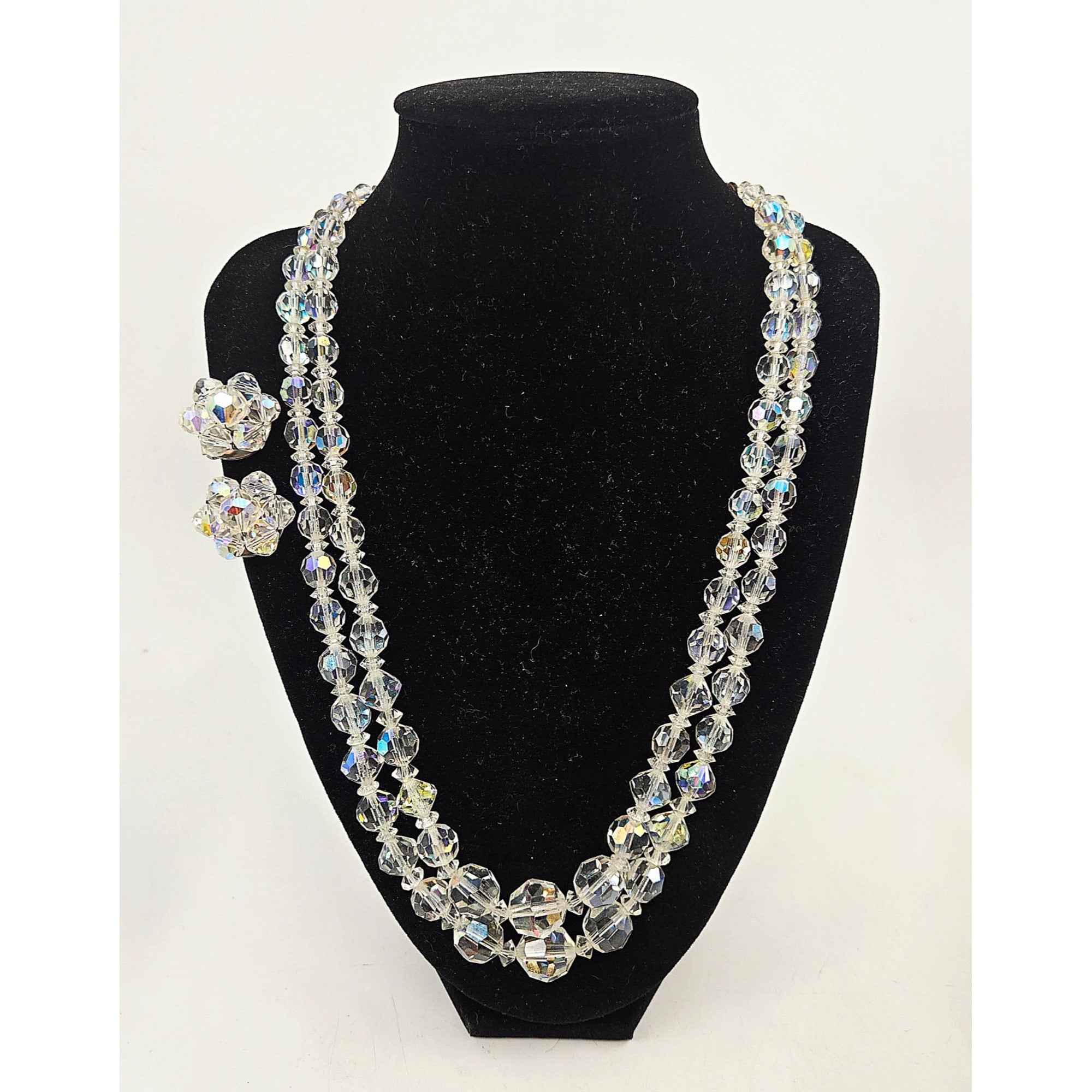 1950s Aurora Borealis Two strand Crystal Necklace and Matching Clip on Earrings
