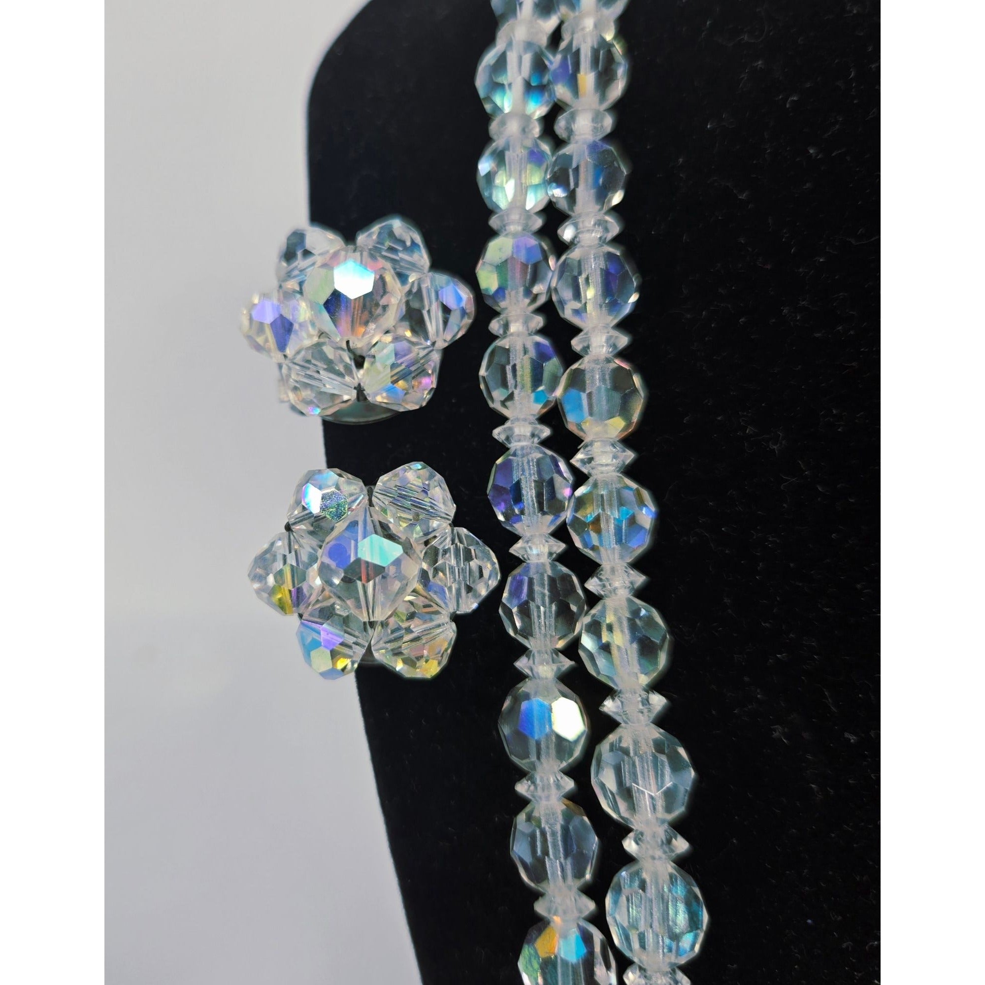 1950s Aurora Borealis Two strand Crystal Necklace and Matching Clip on Earrings