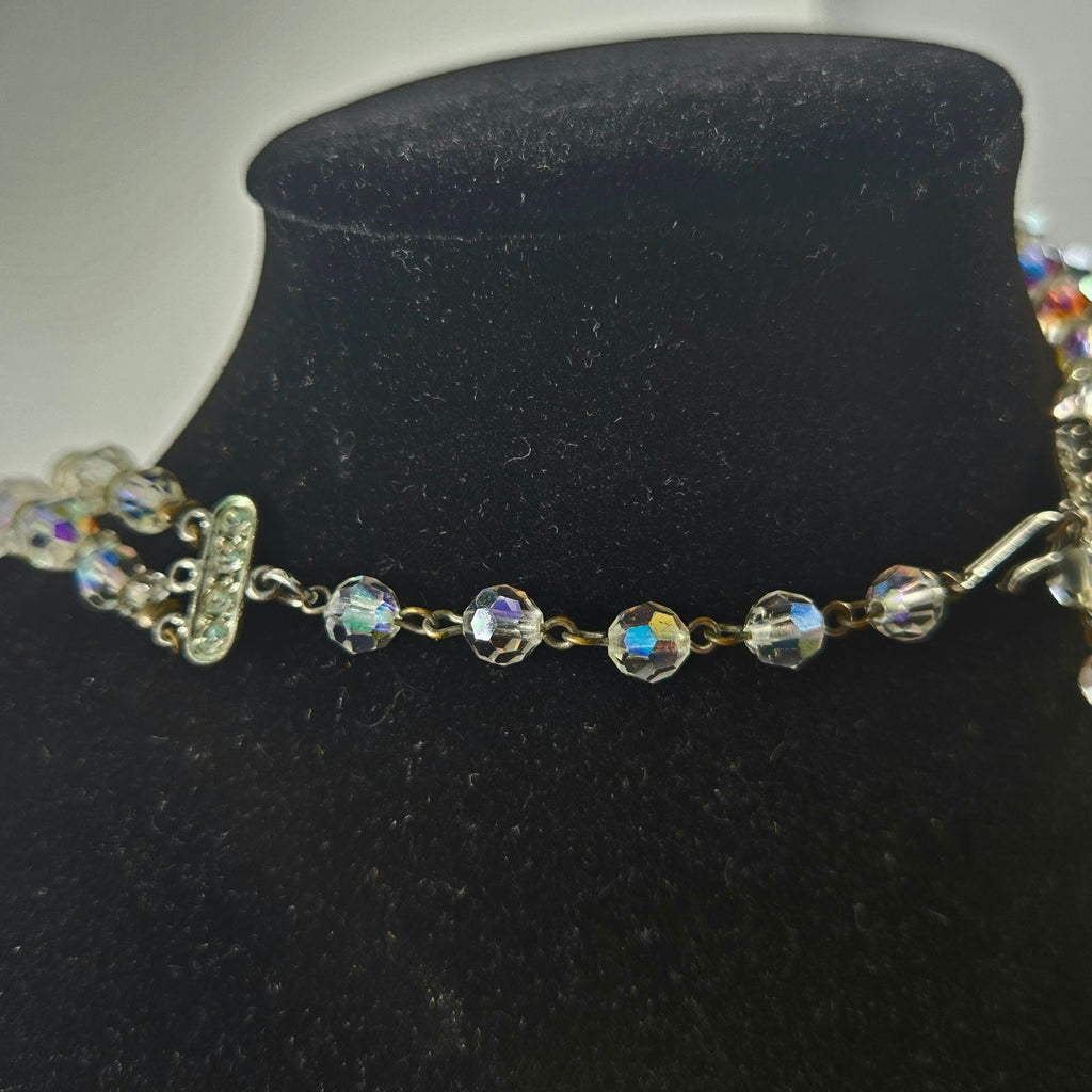 1950s Aurora Borealis Two strand Crystal Necklace and Matching Clip on Earrings