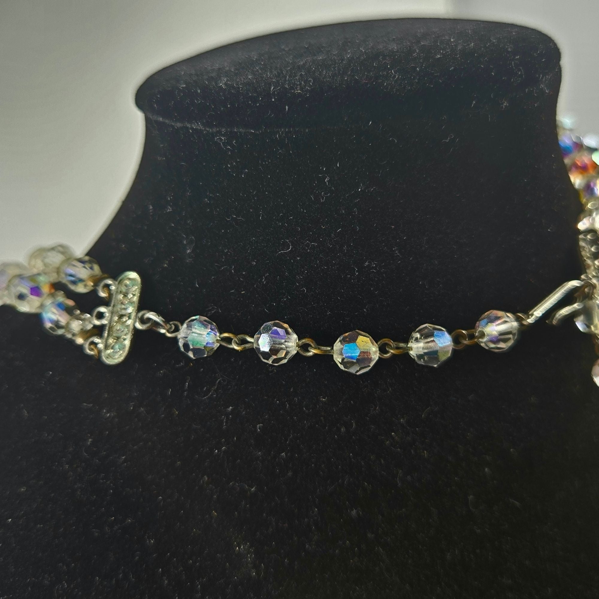 1950s Aurora Borealis Two strand Crystal Necklace and Matching Clip on Earrings