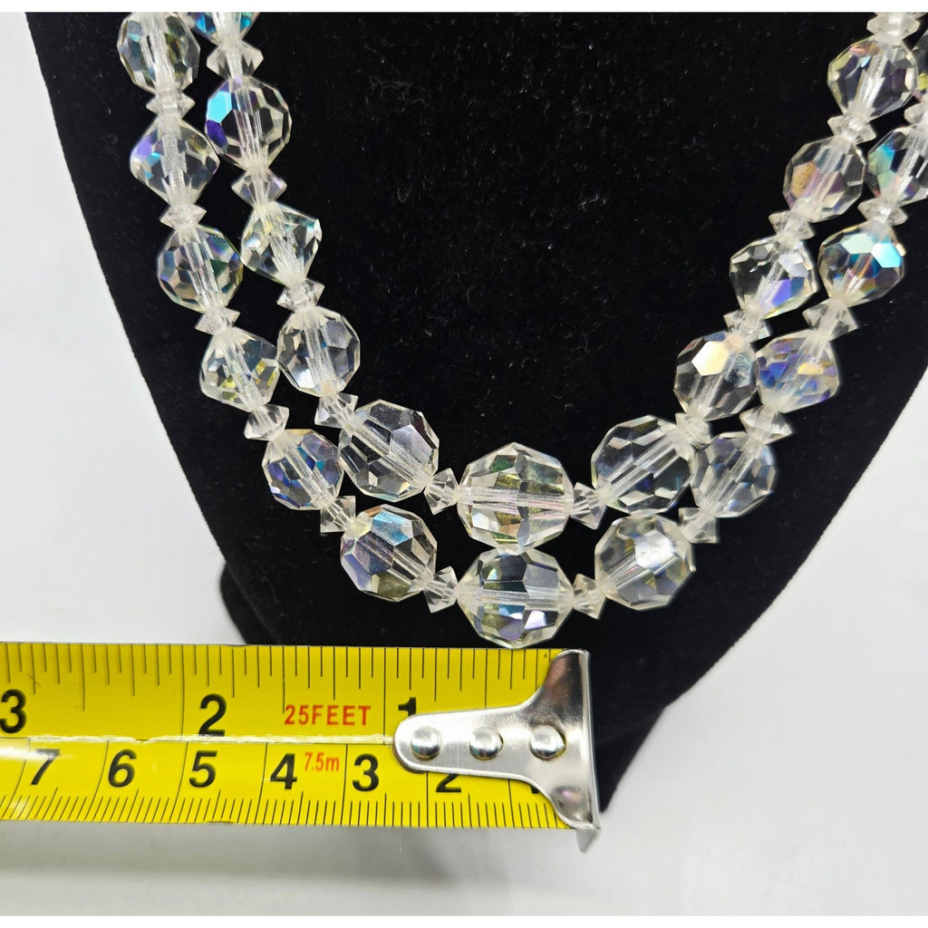 1950s Aurora Borealis Two strand Crystal Necklace and Matching Clip on Earrings