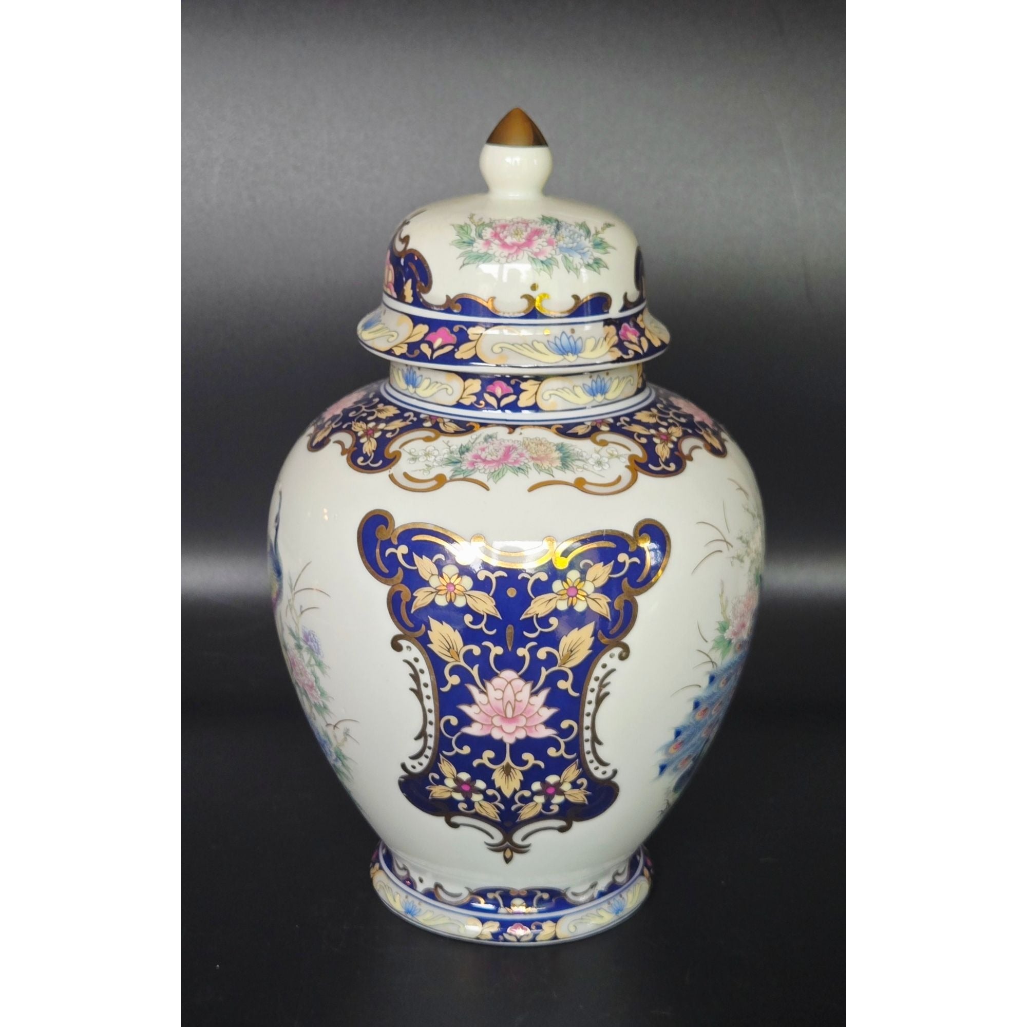 Hand-Painted Ceramic Ginger jar, Vase With Peacock & Floral Design Blue & Gold Accents Lidded 8.5 in