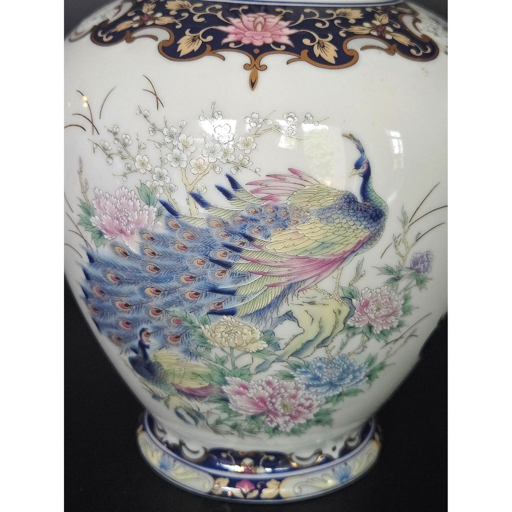 Hand-Painted Ceramic Ginger jar, Vase With Peacock & Floral Design Blue & Gold Accents Lidded 8.5 in