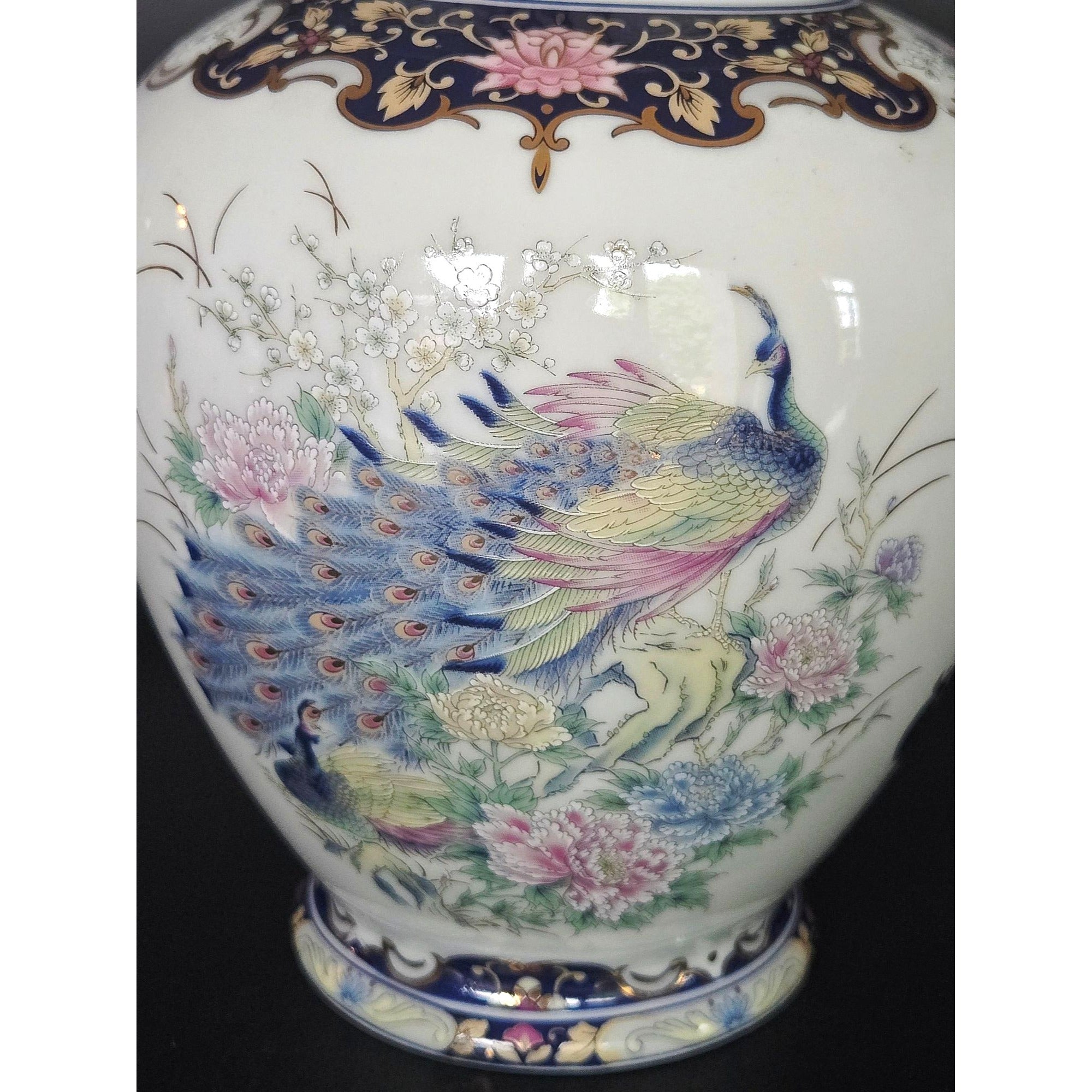 Hand-Painted Ceramic Ginger jar, Vase With Peacock & Floral Design Blue & Gold Accents Lidded 8.5 in