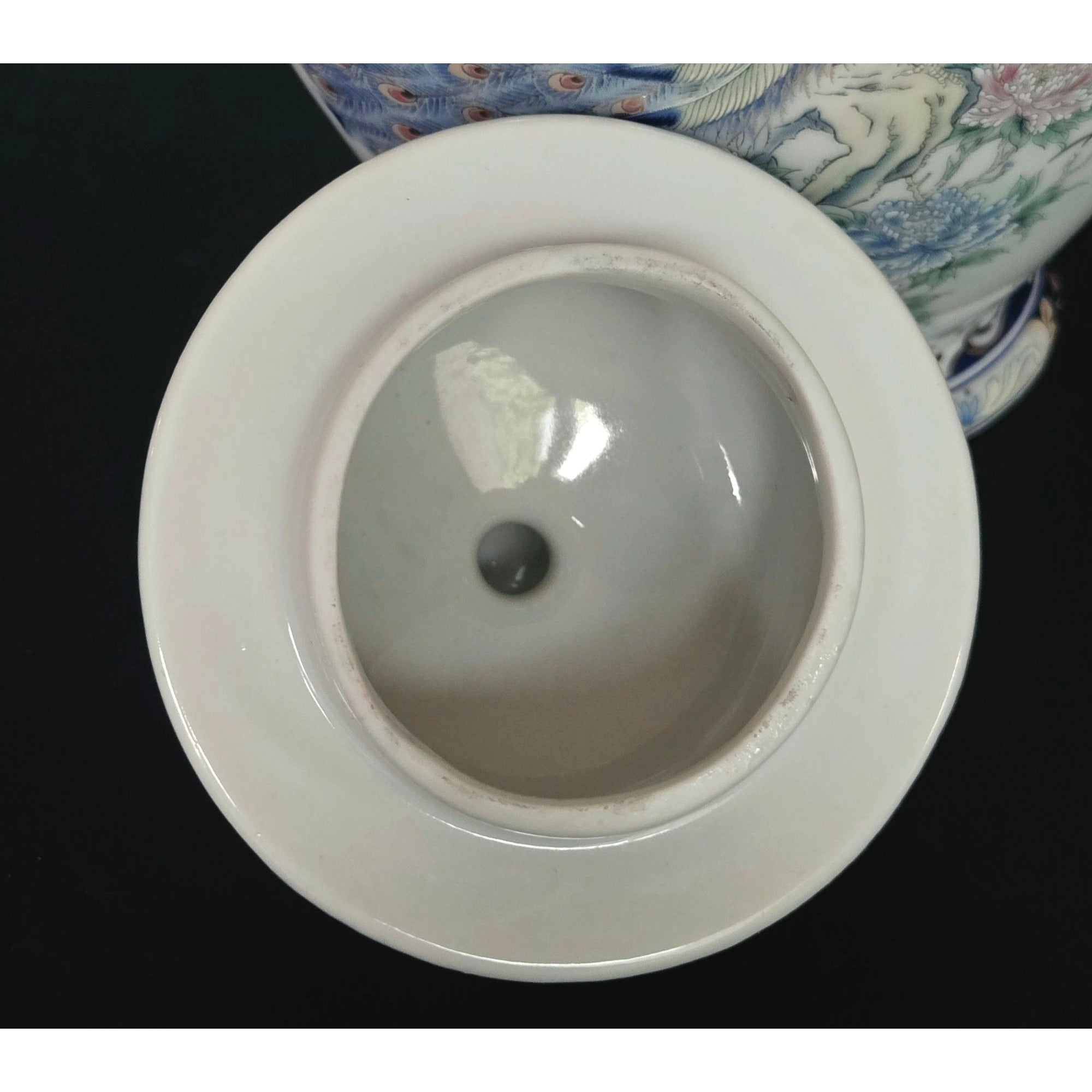 Hand-Painted Ceramic Ginger jar, Vase With Peacock & Floral Design Blue & Gold Accents Lidded 8.5 in