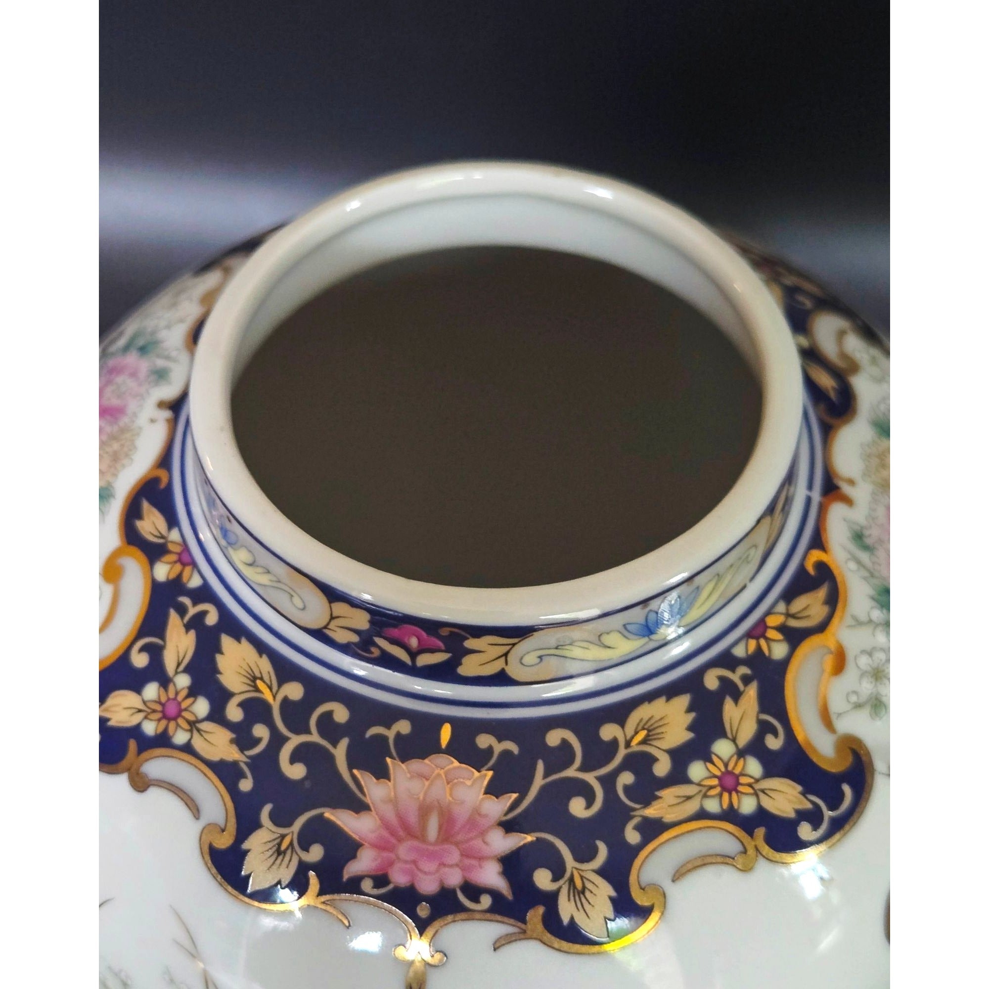 Hand-Painted Ceramic Ginger jar, Vase With Peacock & Floral Design Blue & Gold Accents Lidded 8.5 in