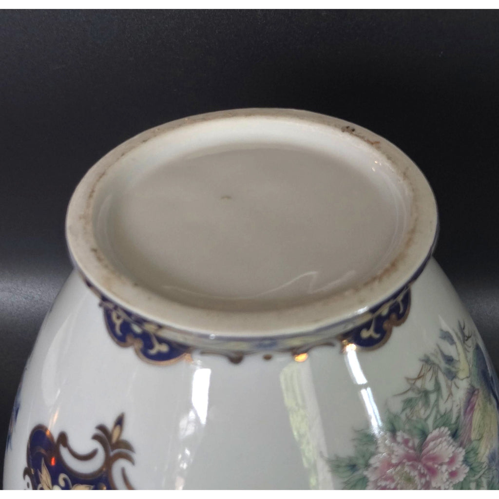 Hand-Painted Ceramic Ginger jar, Vase With Peacock & Floral Design Blue & Gold Accents Lidded 8.5 in