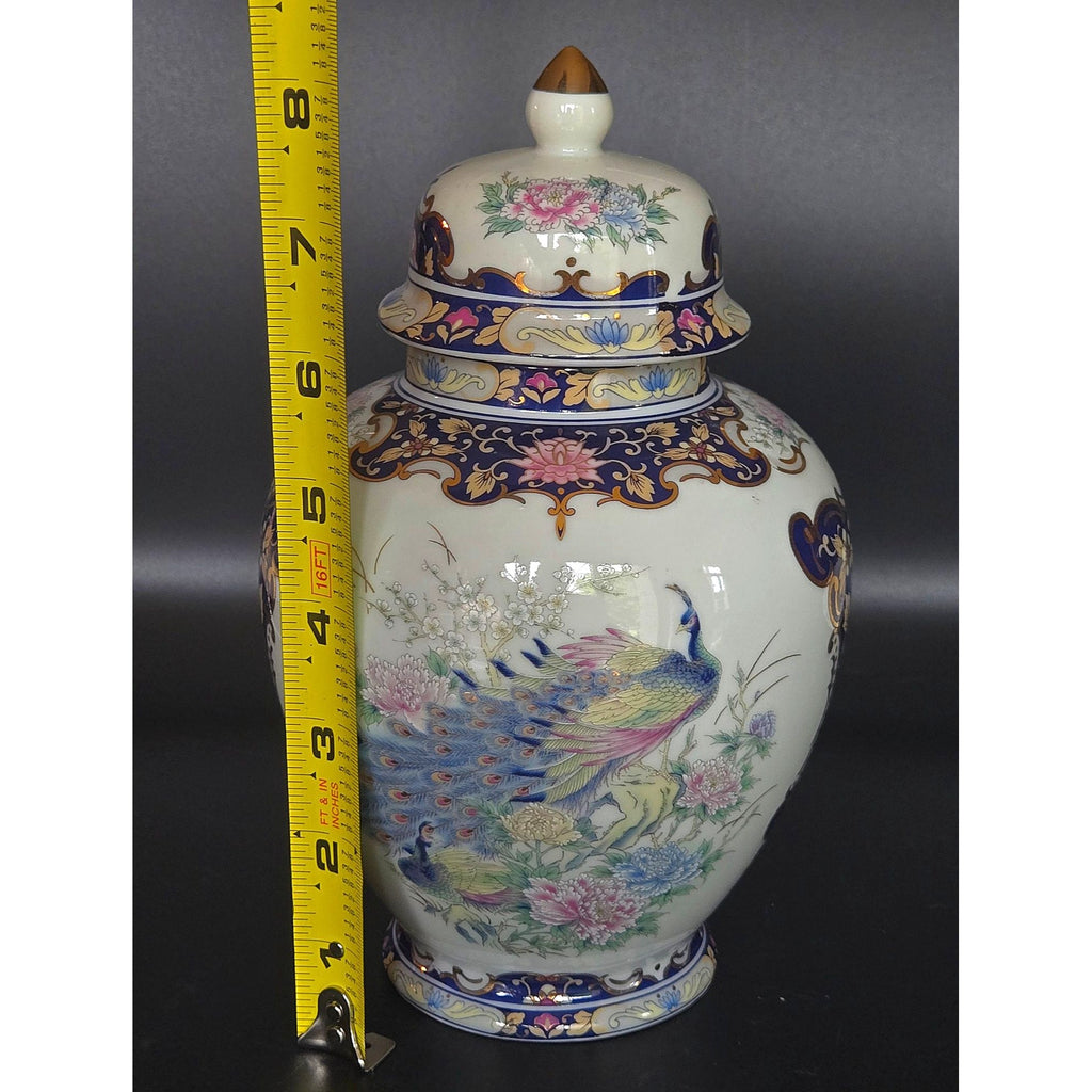 Hand-Painted Ceramic Ginger jar, Vase With Peacock & Floral Design Blue & Gold Accents Lidded 8.5 in