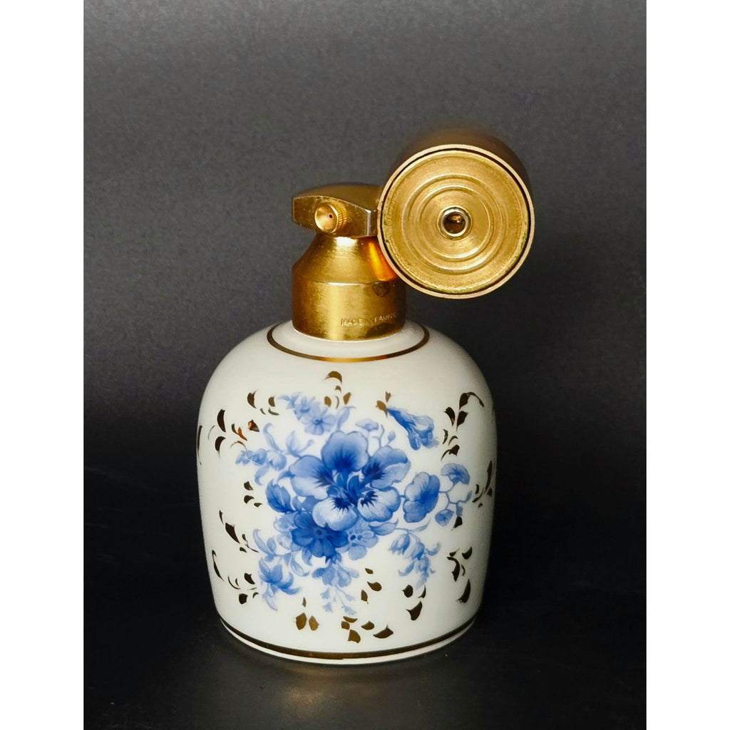 Vintage French Marcel Franck Limoges Perfume Bottle Blue Floral Brass Atomizer