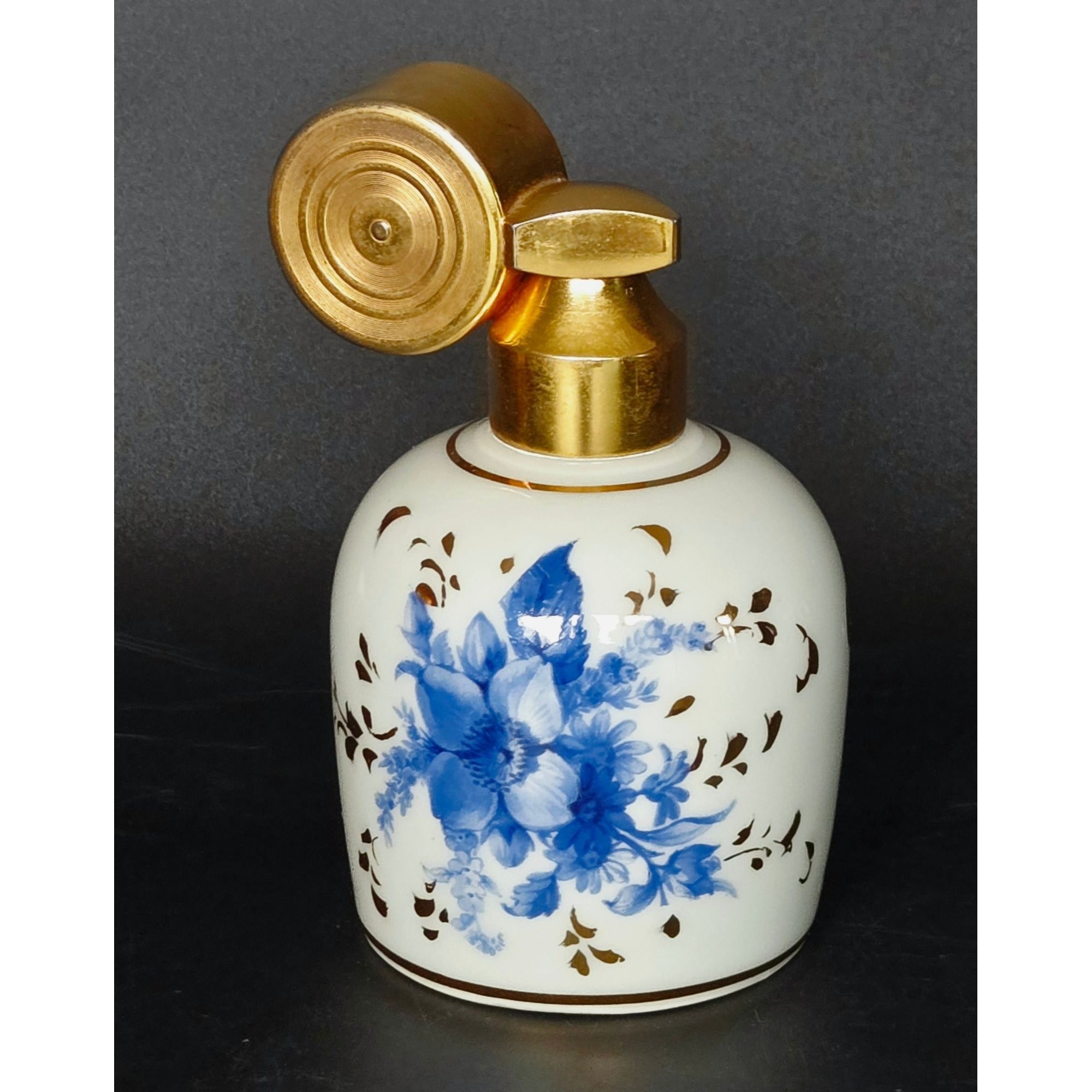 Vintage French Marcel Franck Limoges Perfume Bottle Blue Floral Brass Atomizer