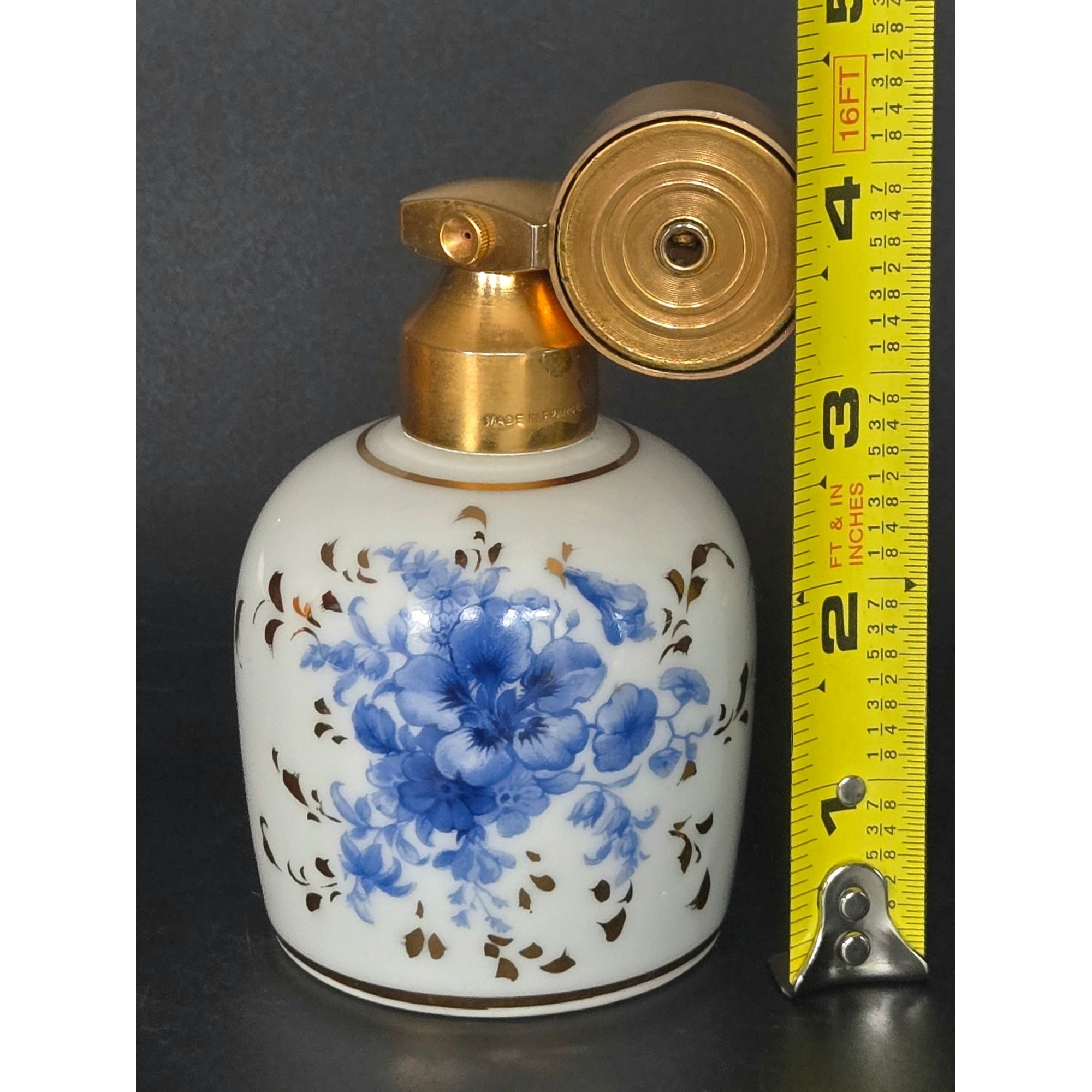 Vintage French Marcel Franck Limoges Perfume Bottle Blue Floral Brass Atomizer