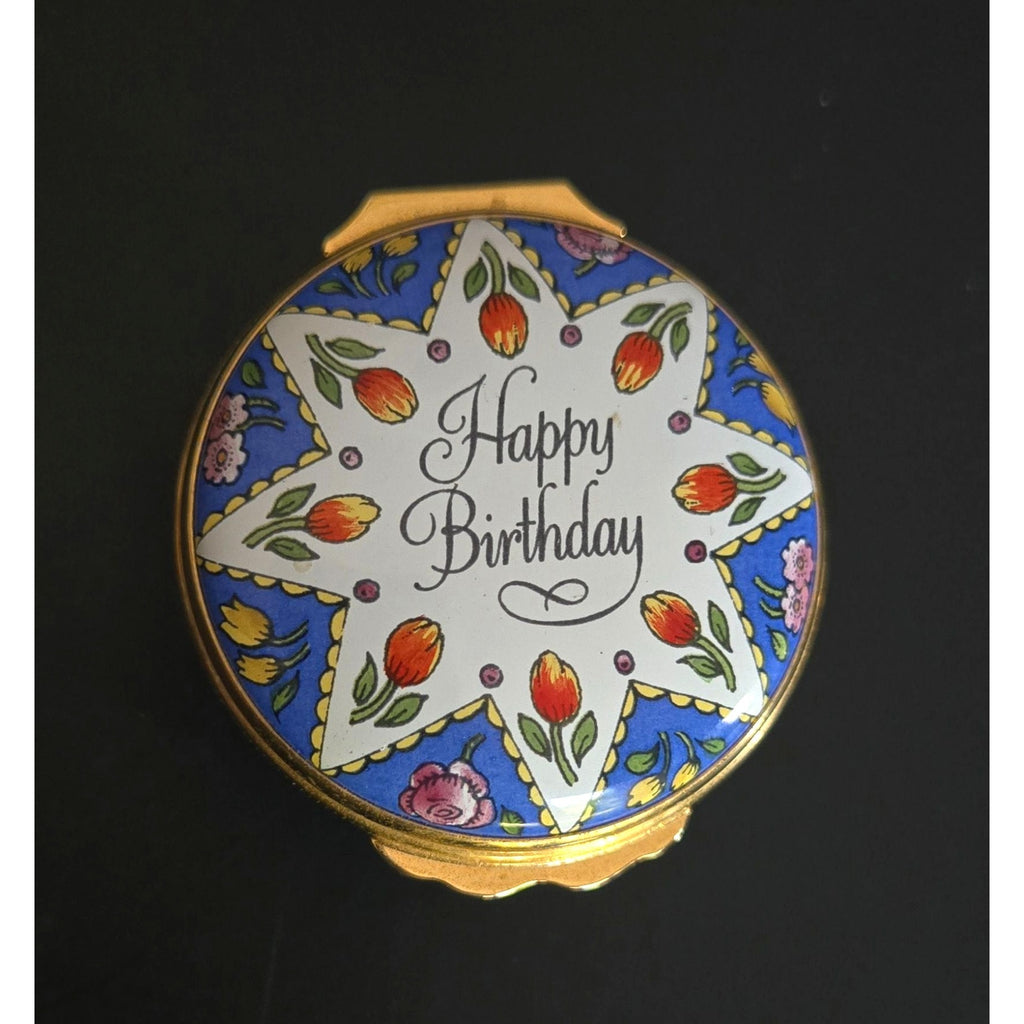 Halcyon Days Happy Birthday Trinket Box Star w/Flowers Enamel Floral Gold England