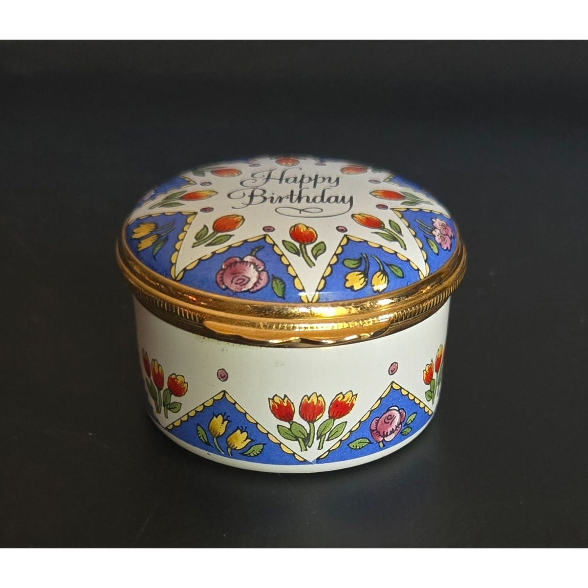 Halcyon Days Happy Birthday Trinket Box Star w/Flowers Enamel Floral Gold England