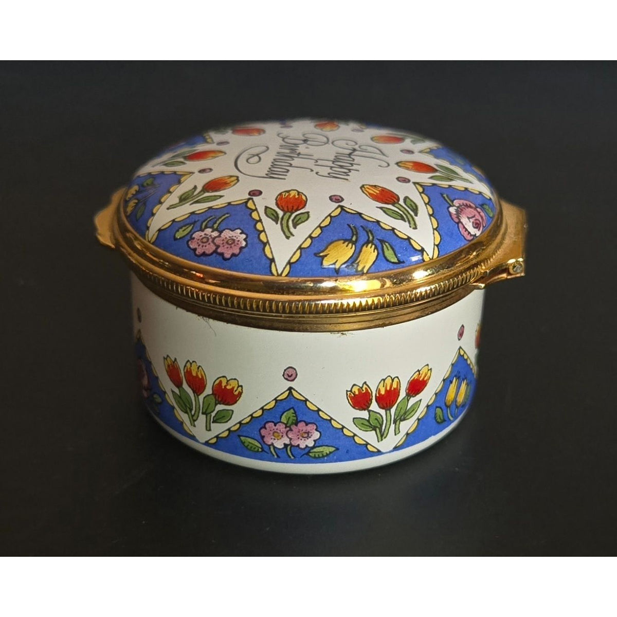 Halcyon Days Happy Birthday Trinket Box Star w/Flowers Enamel Floral Gold England
