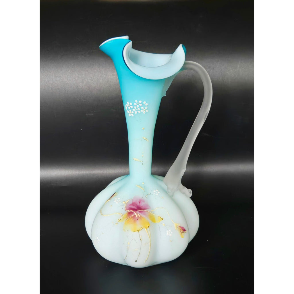 c. 1800s Harrach Czech Bohemian Satin Glass Ewer Vase Floral Design & Frosted Handle