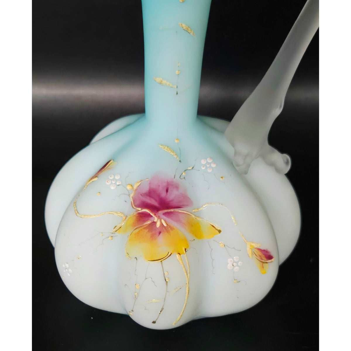 c. 1800s Harrach Czech Bohemian Satin Glass Ewer Vase Floral Design & Frosted Handle