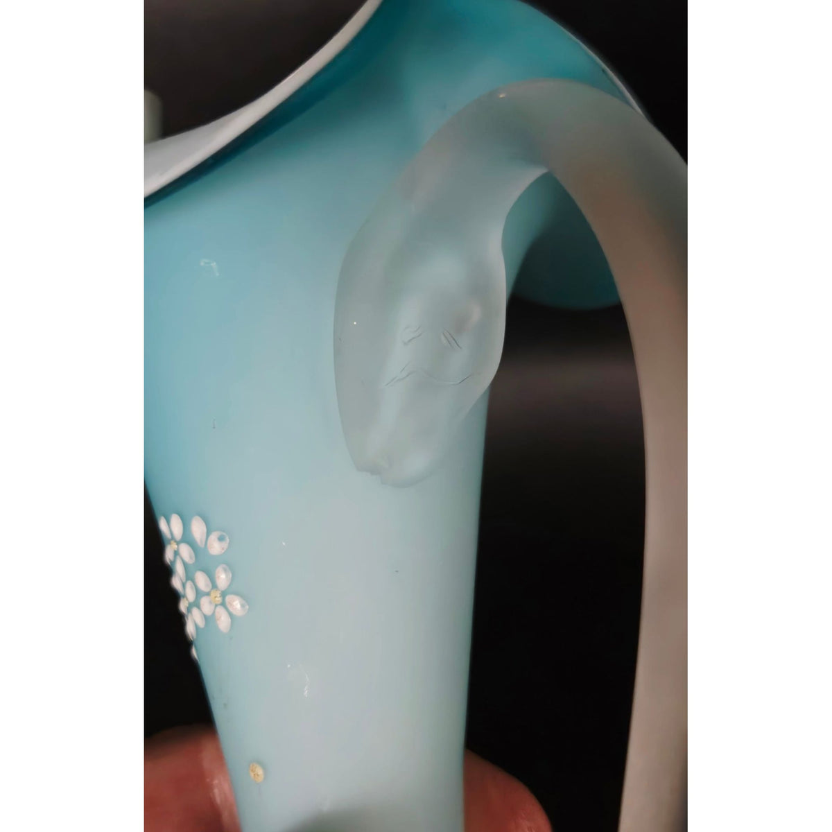 c. 1800s Harrach Czech Bohemian Satin Glass Ewer Vase Floral Design & Frosted Handle