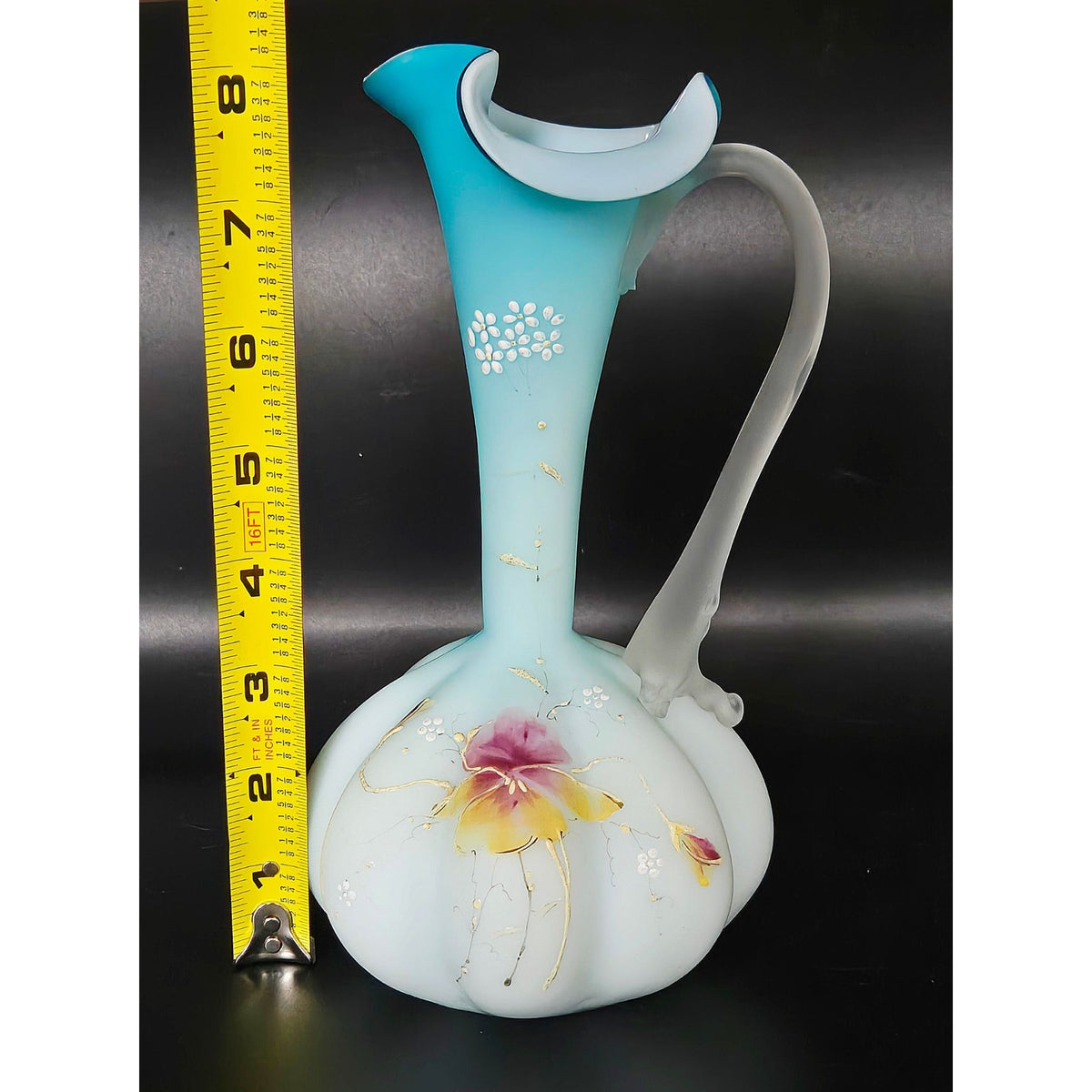 c. 1800s Harrach Czech Bohemian Satin Glass Ewer Vase Floral Design & Frosted Handle
