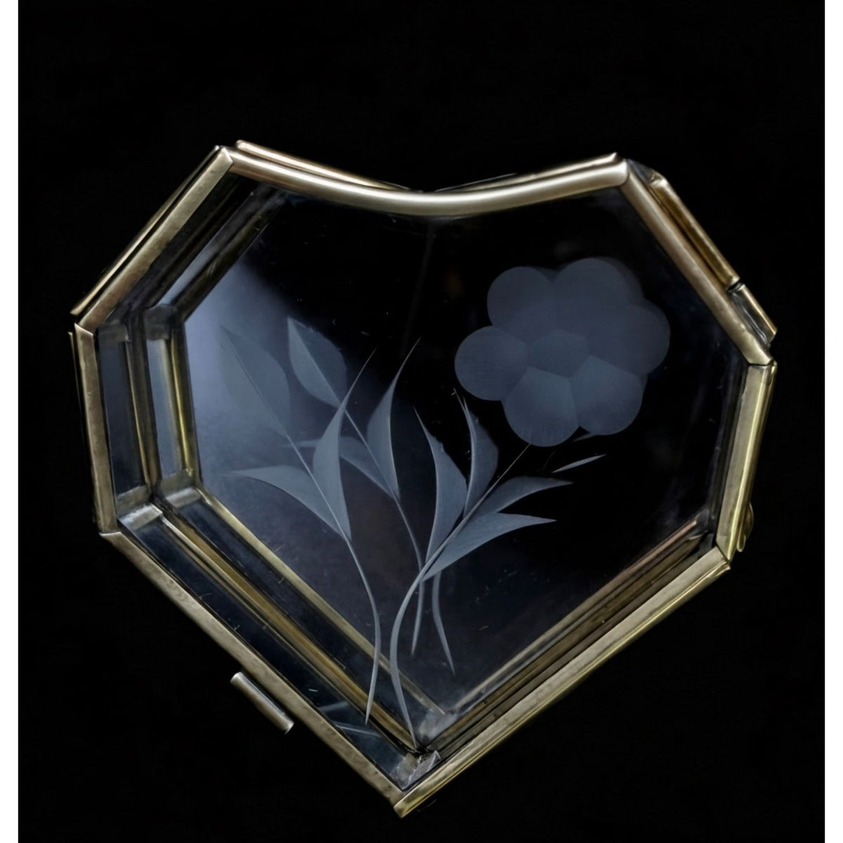 Heart-Shaped Glass Jewelry Box With Brass Frame & Floral Etching 3 in.