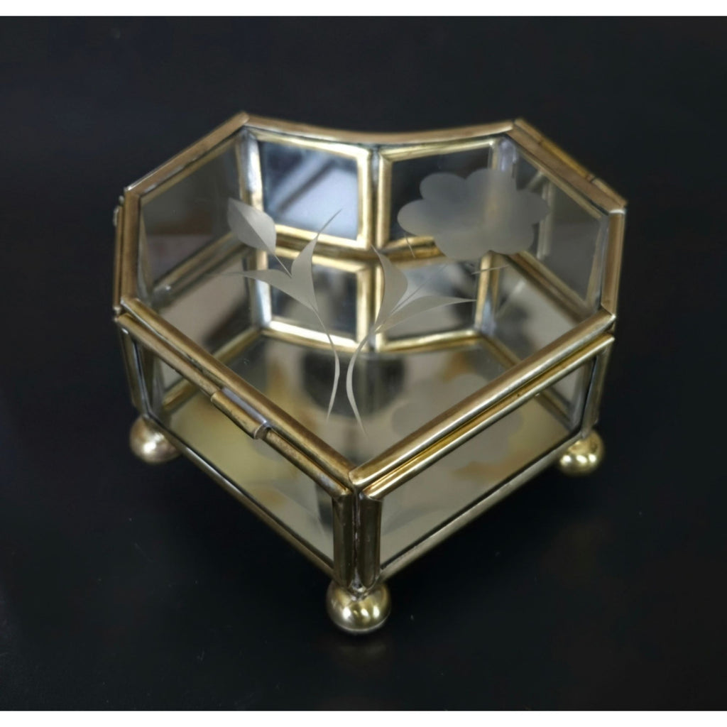 Heart-Shaped Glass Jewelry Box With Brass Frame & Floral Etching 3 in.