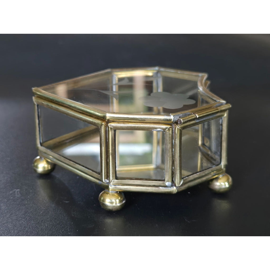 Heart-Shaped Glass Jewelry Box With Brass Frame & Floral Etching 3 in.