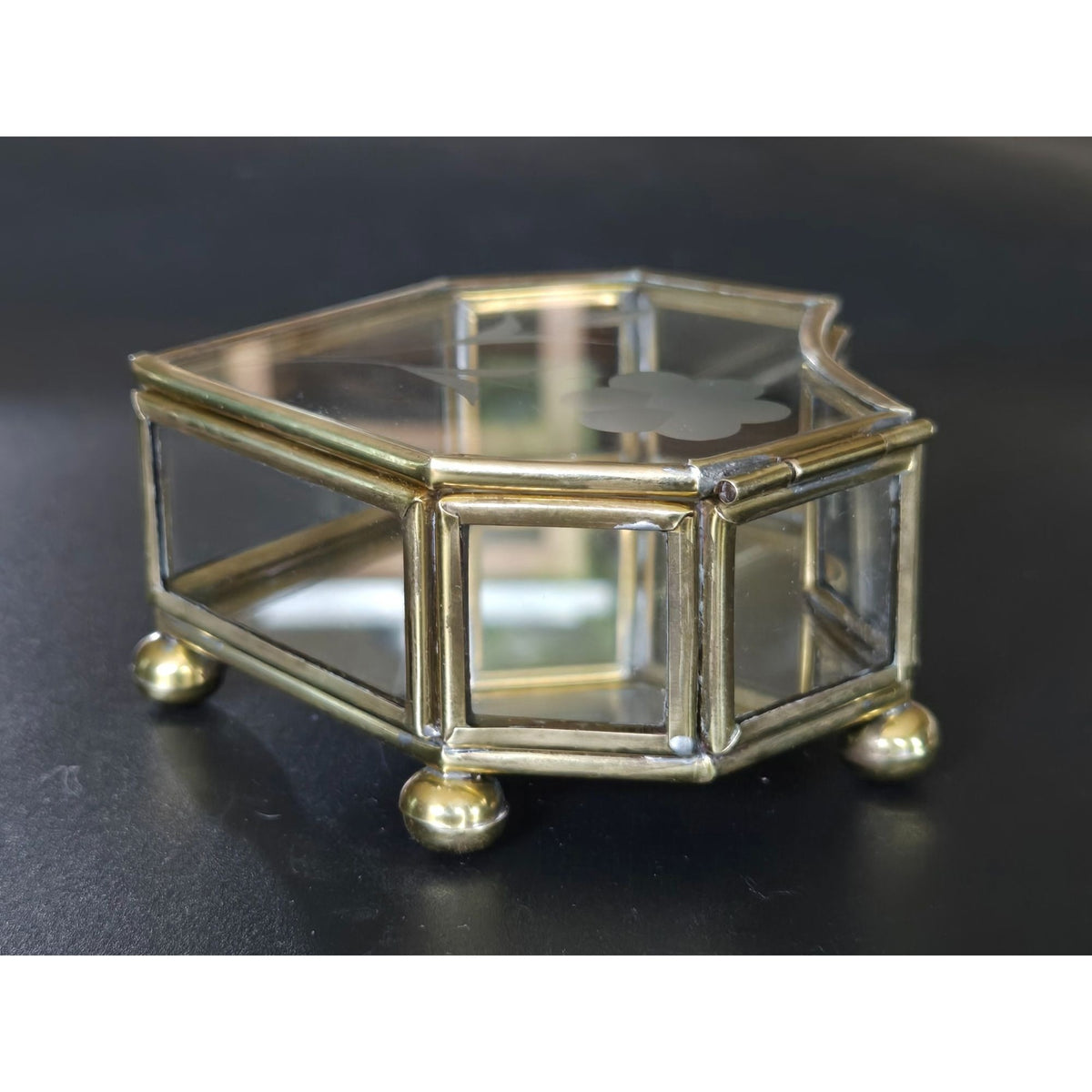 Heart-Shaped Glass Jewelry Box With Brass Frame & Floral Etching 3 in.
