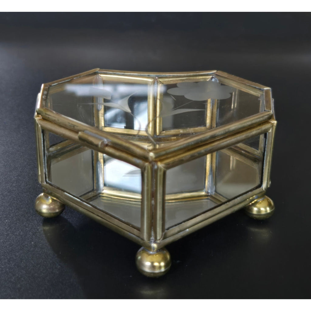 Heart-Shaped Glass Jewelry Box With Brass Frame & Floral Etching 3 in.