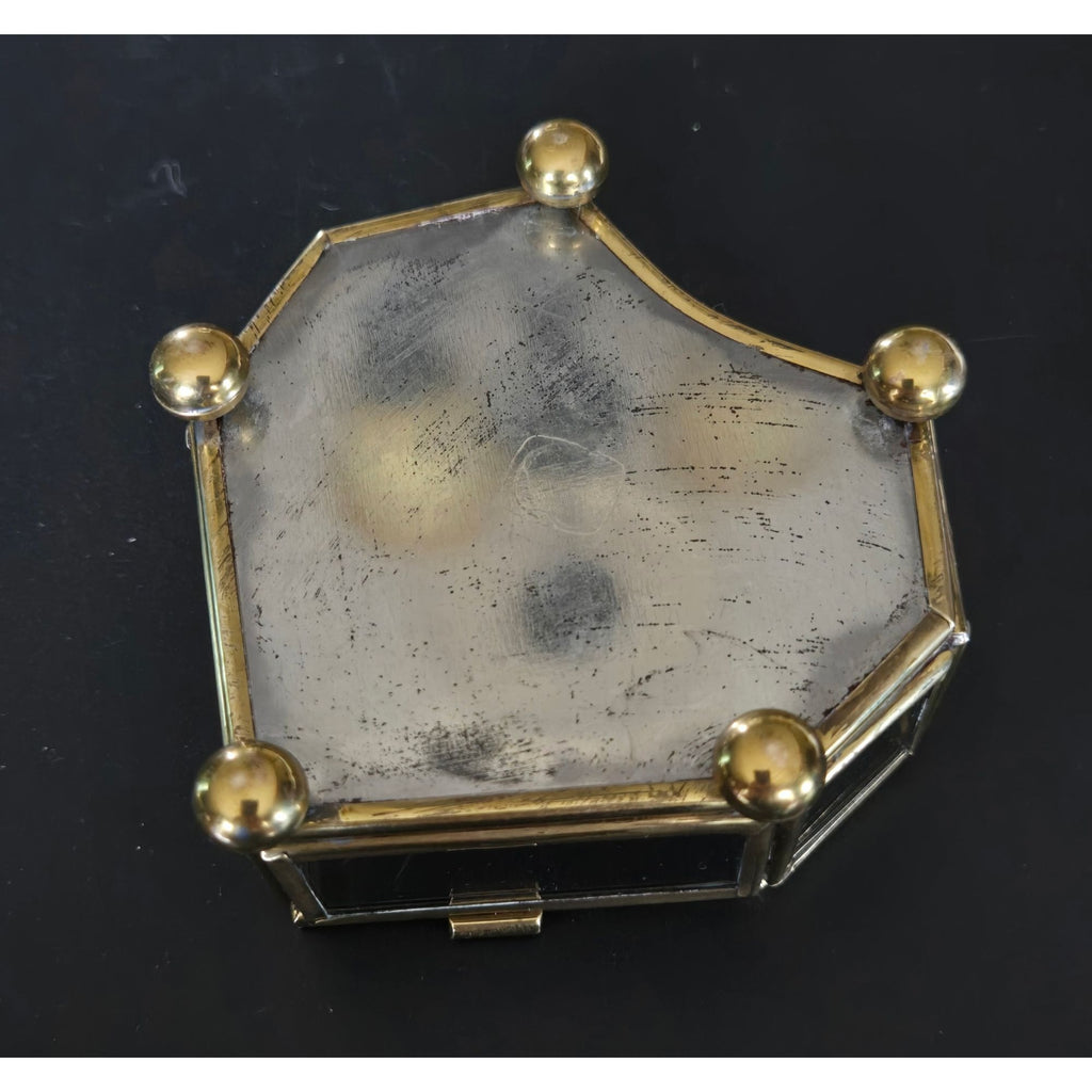 Heart-Shaped Glass Jewelry Box With Brass Frame & Floral Etching 3 in.