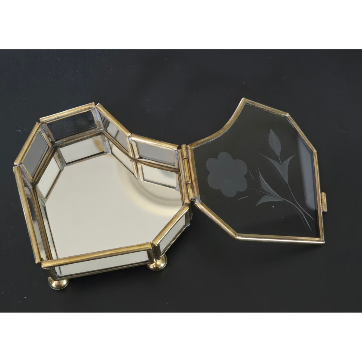 Heart-Shaped Glass Jewelry Box With Brass Frame & Floral Etching 3 in.
