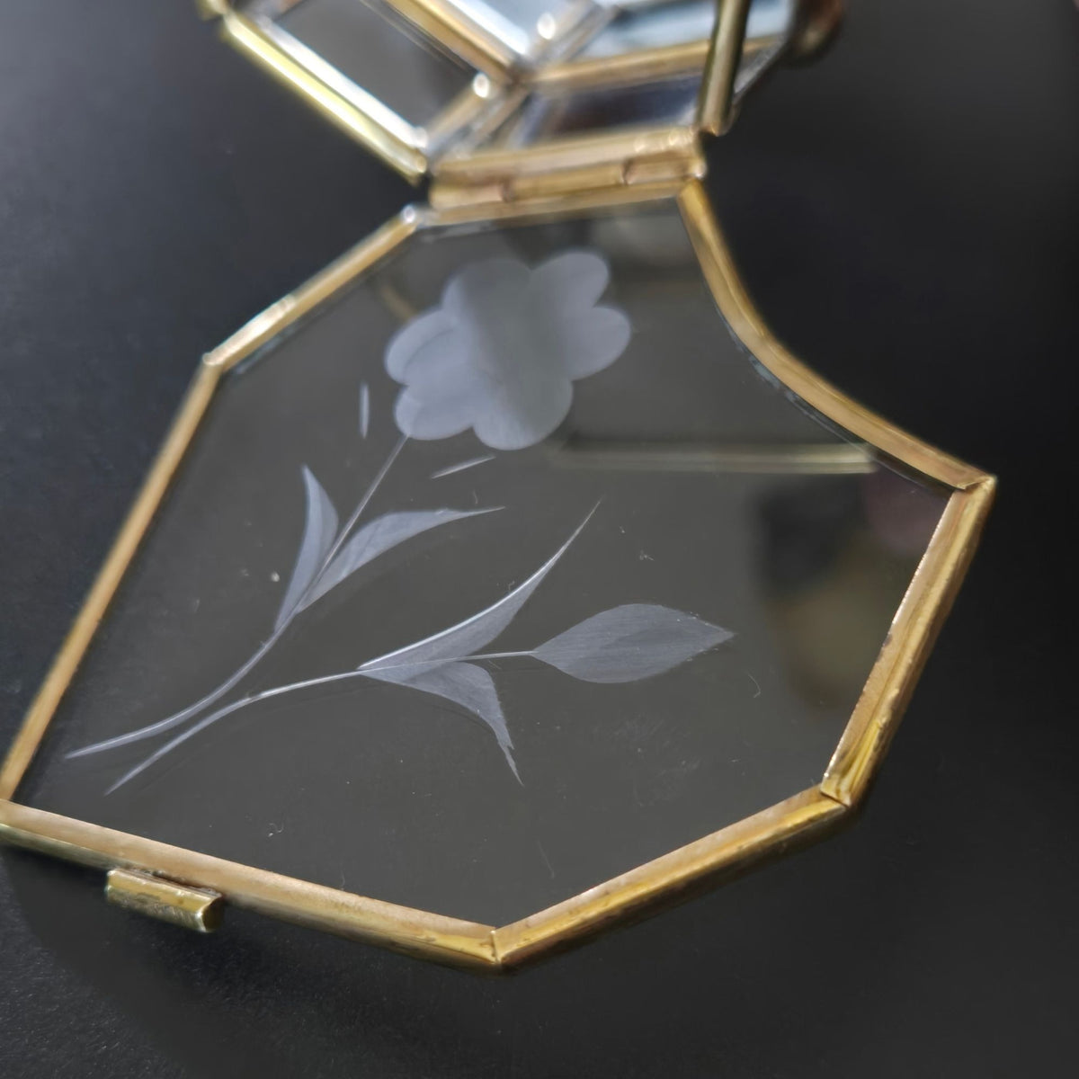 Heart-Shaped Glass Jewelry Box With Brass Frame & Floral Etching 3 in.