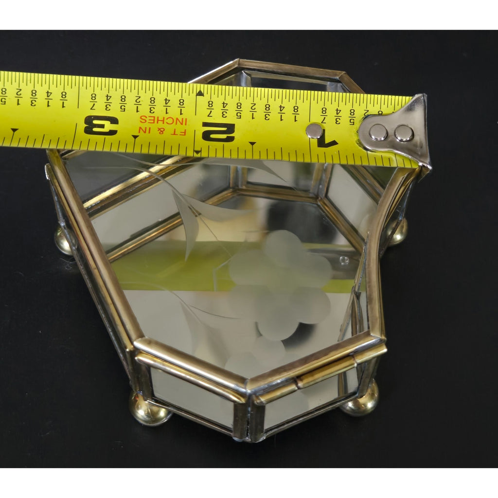 Heart-Shaped Glass Jewelry Box With Brass Frame & Floral Etching 3 in.