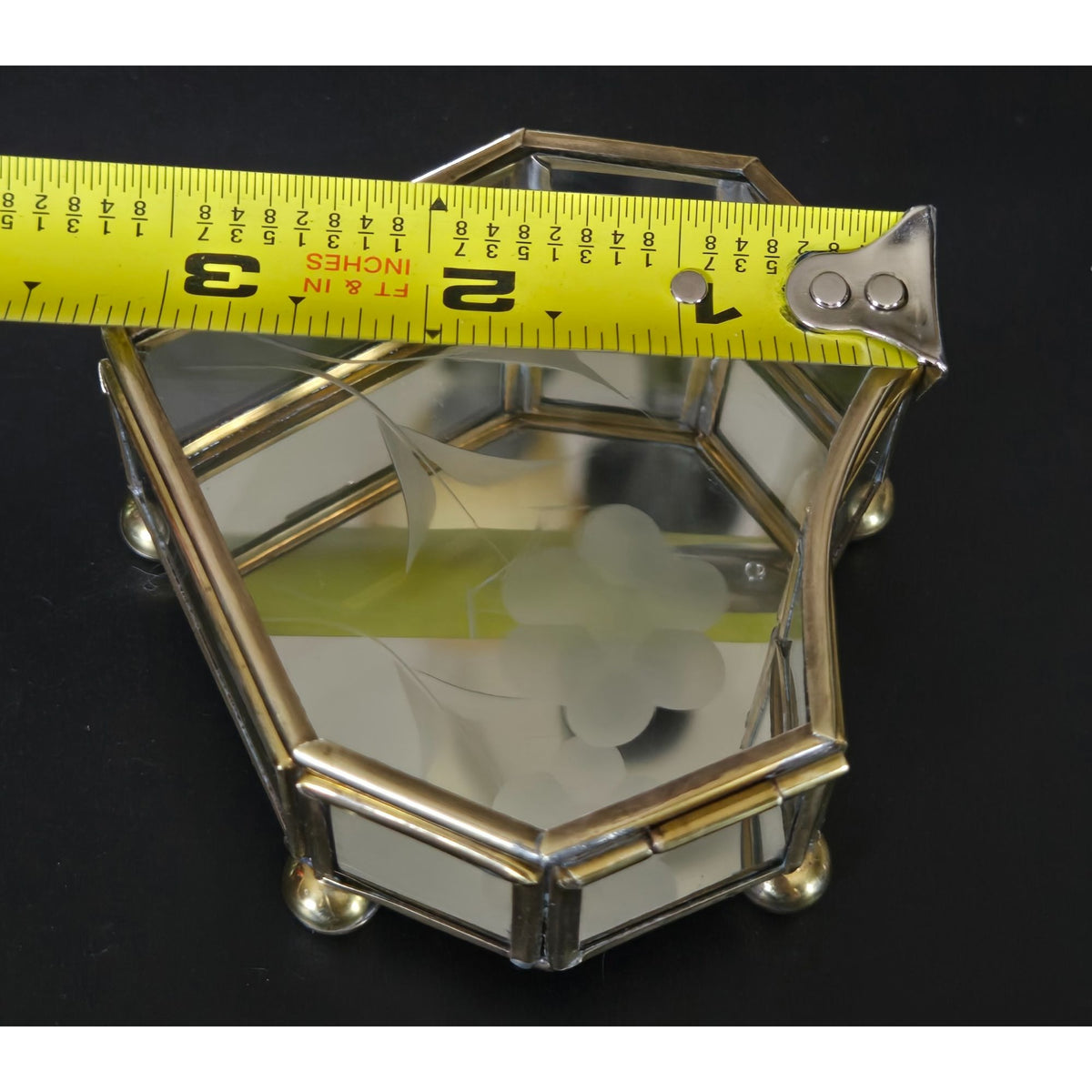 Heart-Shaped Glass Jewelry Box With Brass Frame & Floral Etching 3 in.