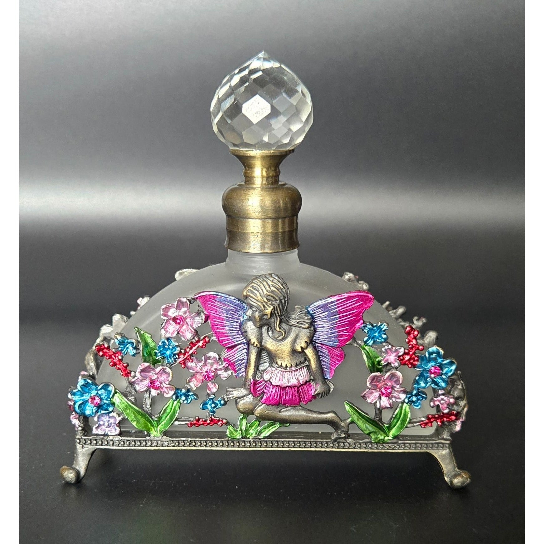 Frosted Glass Perfume Bottle Fairy & Floral Brass Ormolu Accents Crystal