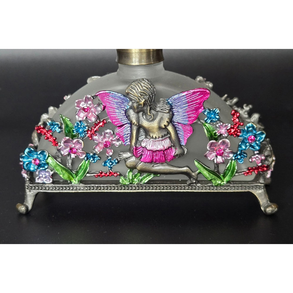 Frosted Glass Perfume Bottle Fairy & Floral Brass Ormolu Accents Crystal
