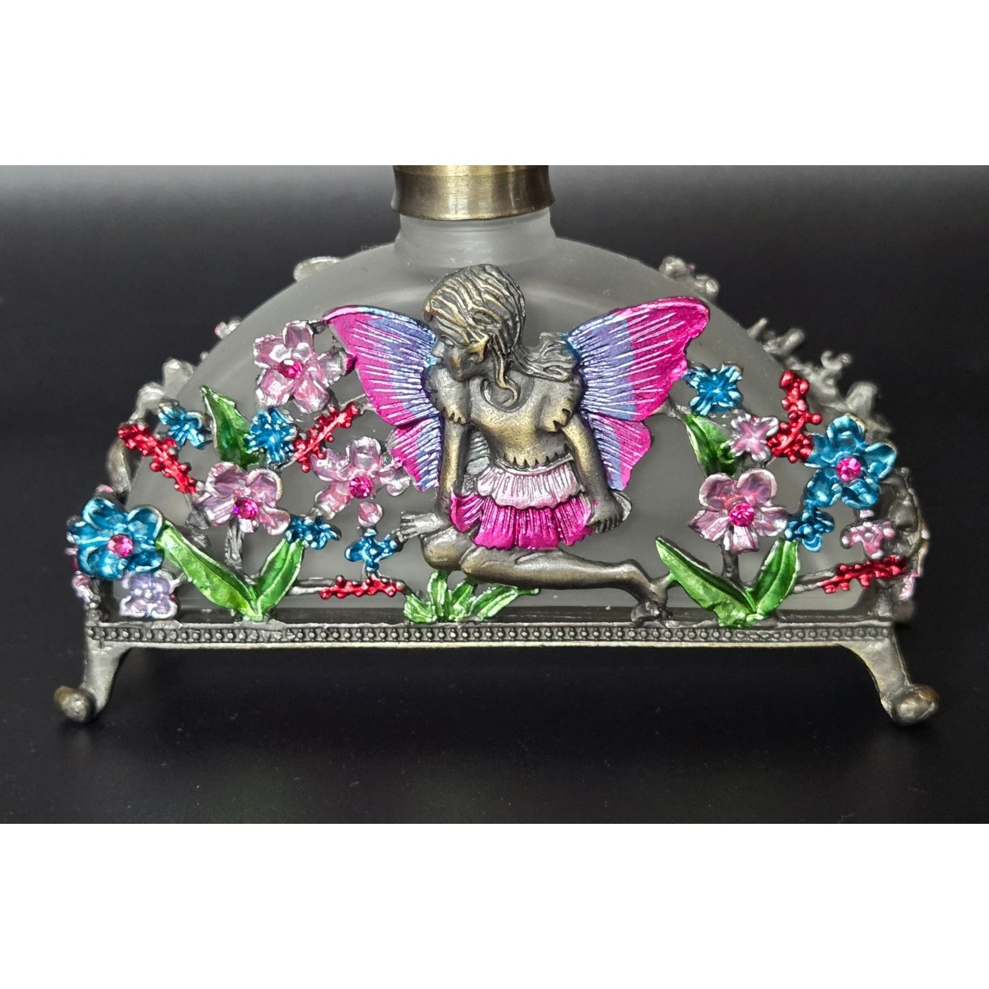 Frosted Glass Perfume Bottle Fairy & Floral Brass Ormolu Accents Crystal