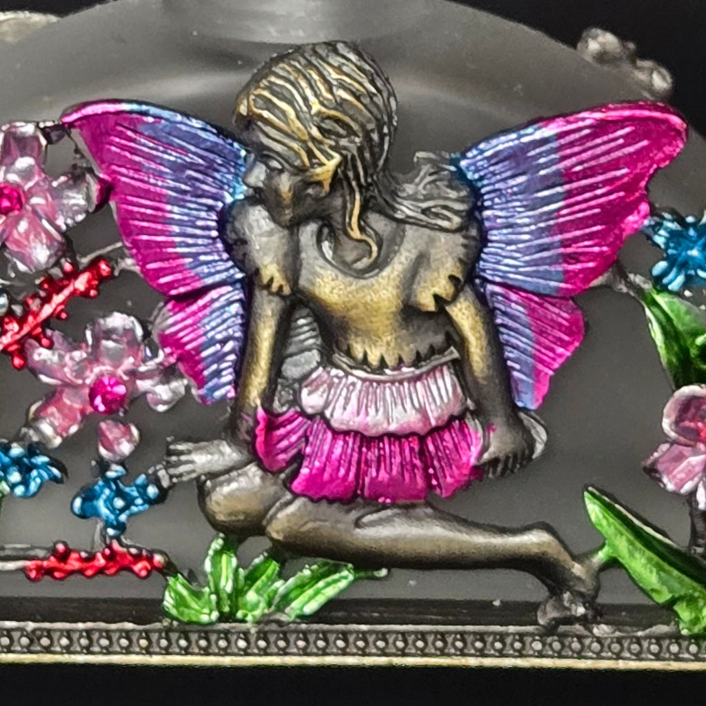 Frosted Glass Perfume Bottle Fairy & Floral Brass Ormolu Accents Crystal