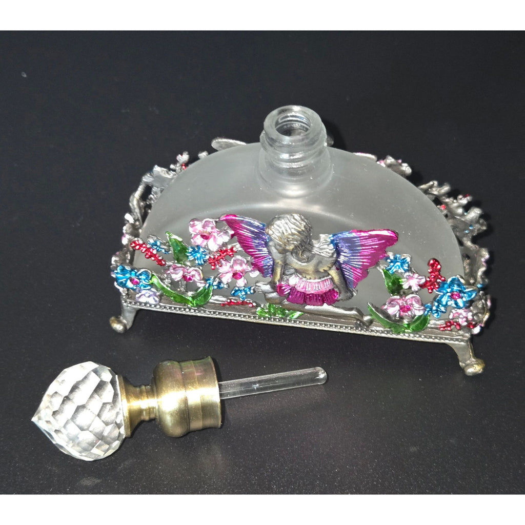 Frosted Glass Perfume Bottle Fairy & Floral Brass Ormolu Accents Crystal